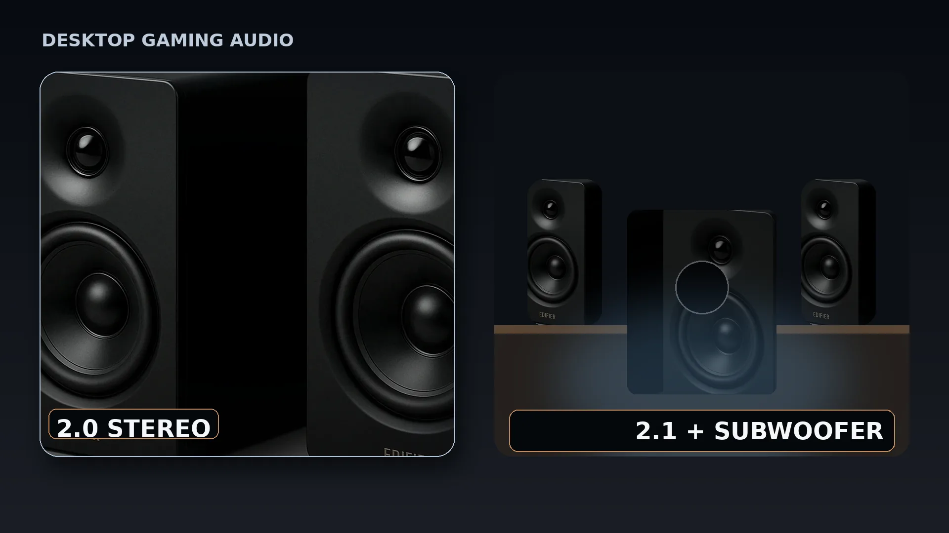 A photographic comparison between a two-speaker stereo setup and a two-speaker system with a dedicated subwoofer