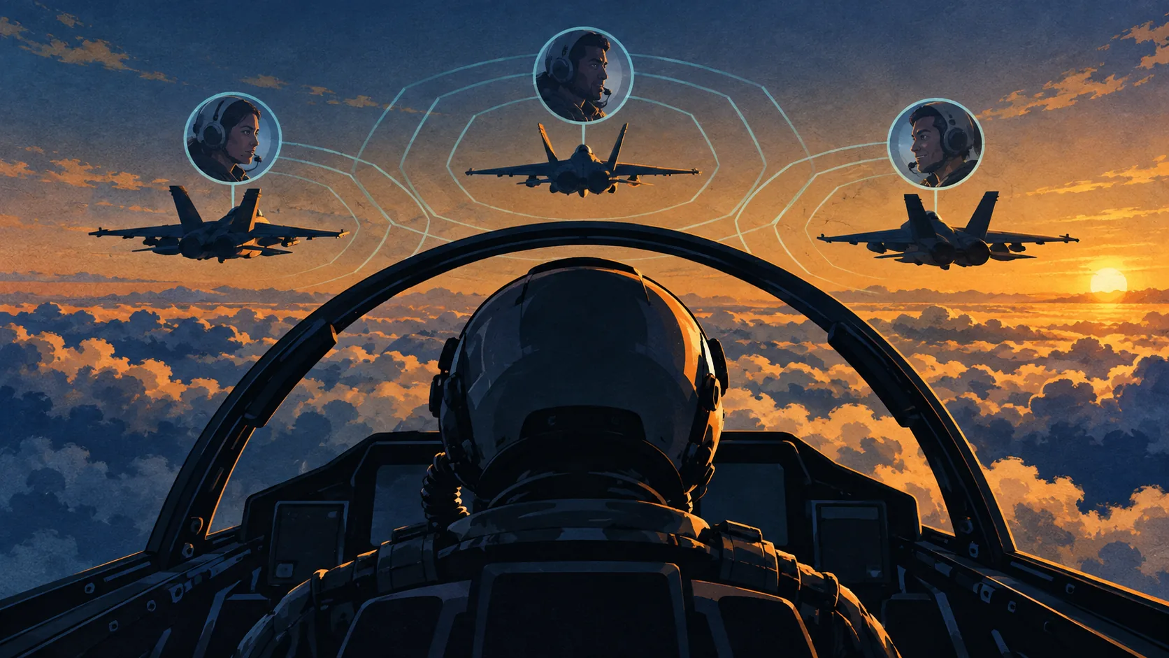 Concept illustration from a fighter cockpit with three aircraft and abstract squadron radio portraits at sunset