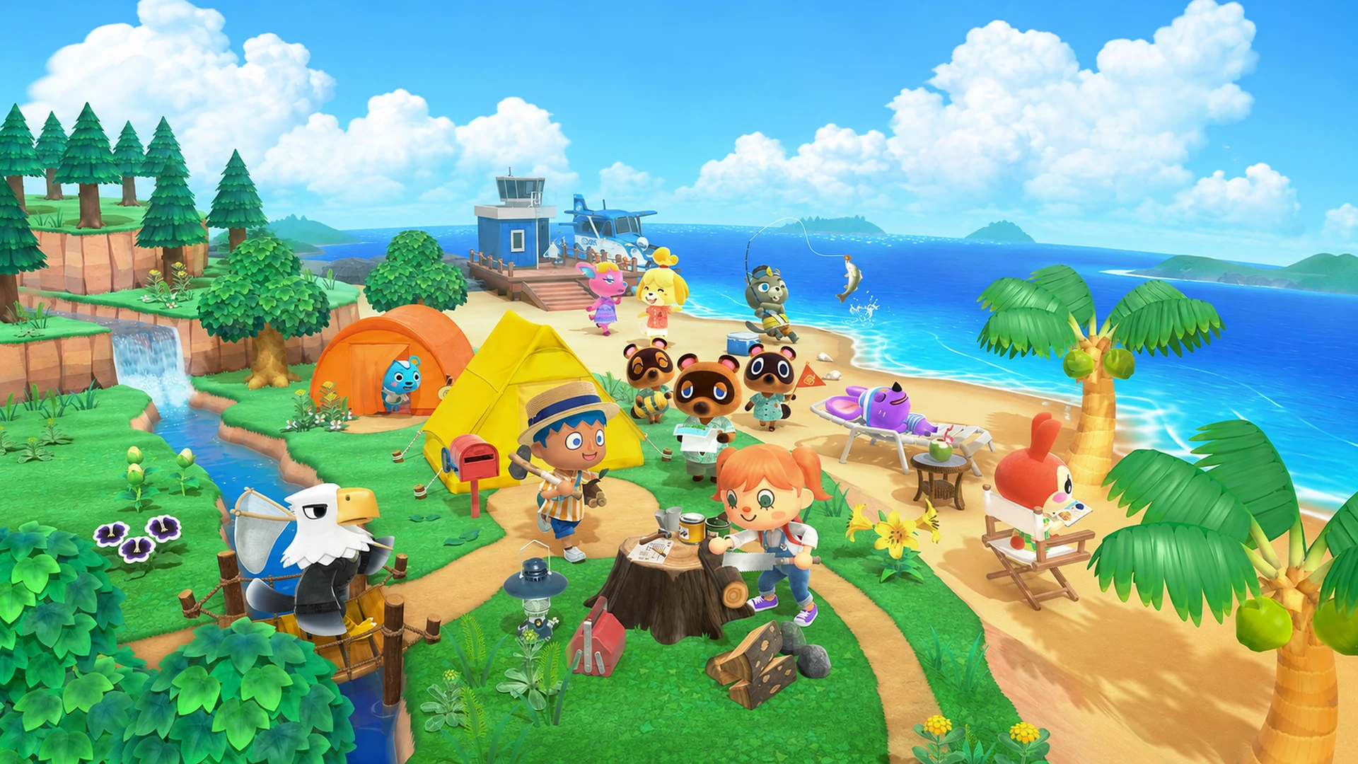 Villagers gathering on a bright island in official Animal Crossing New Horizons artwork