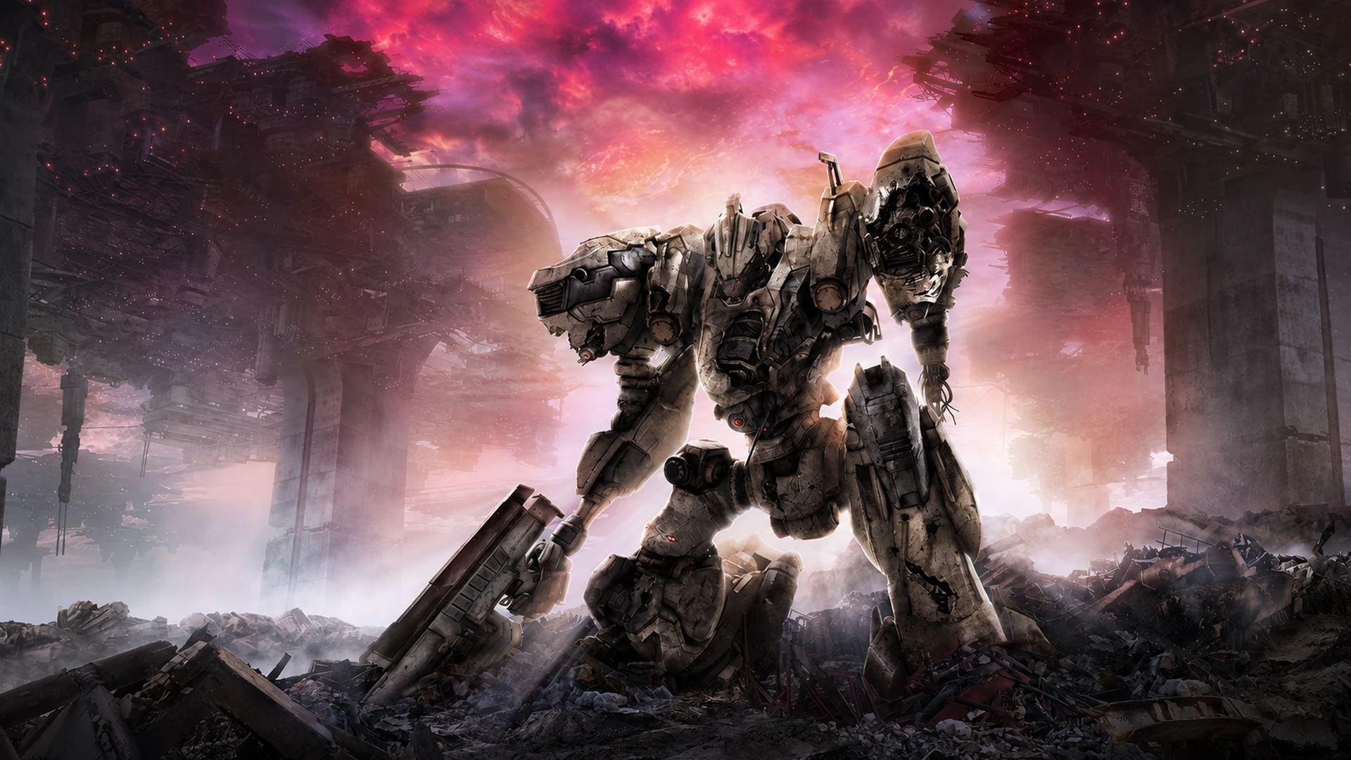 An Armored Core VI mech in an official industrial battlefield scene