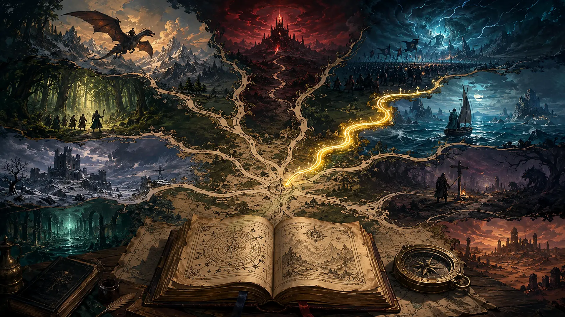 Cinematic dark fantasy reading table with old maps, stacked books, dragon silhouettes, and restrained NexusArc green lighting