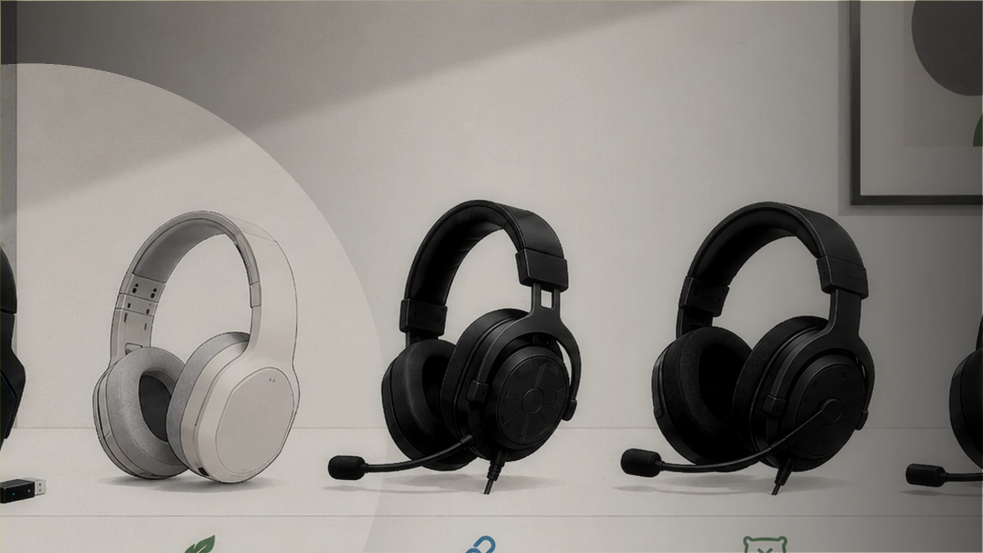 A cinematic lineup of budget gaming headsets on a dark desk with realistic lighting and restrained NexusArc green accents