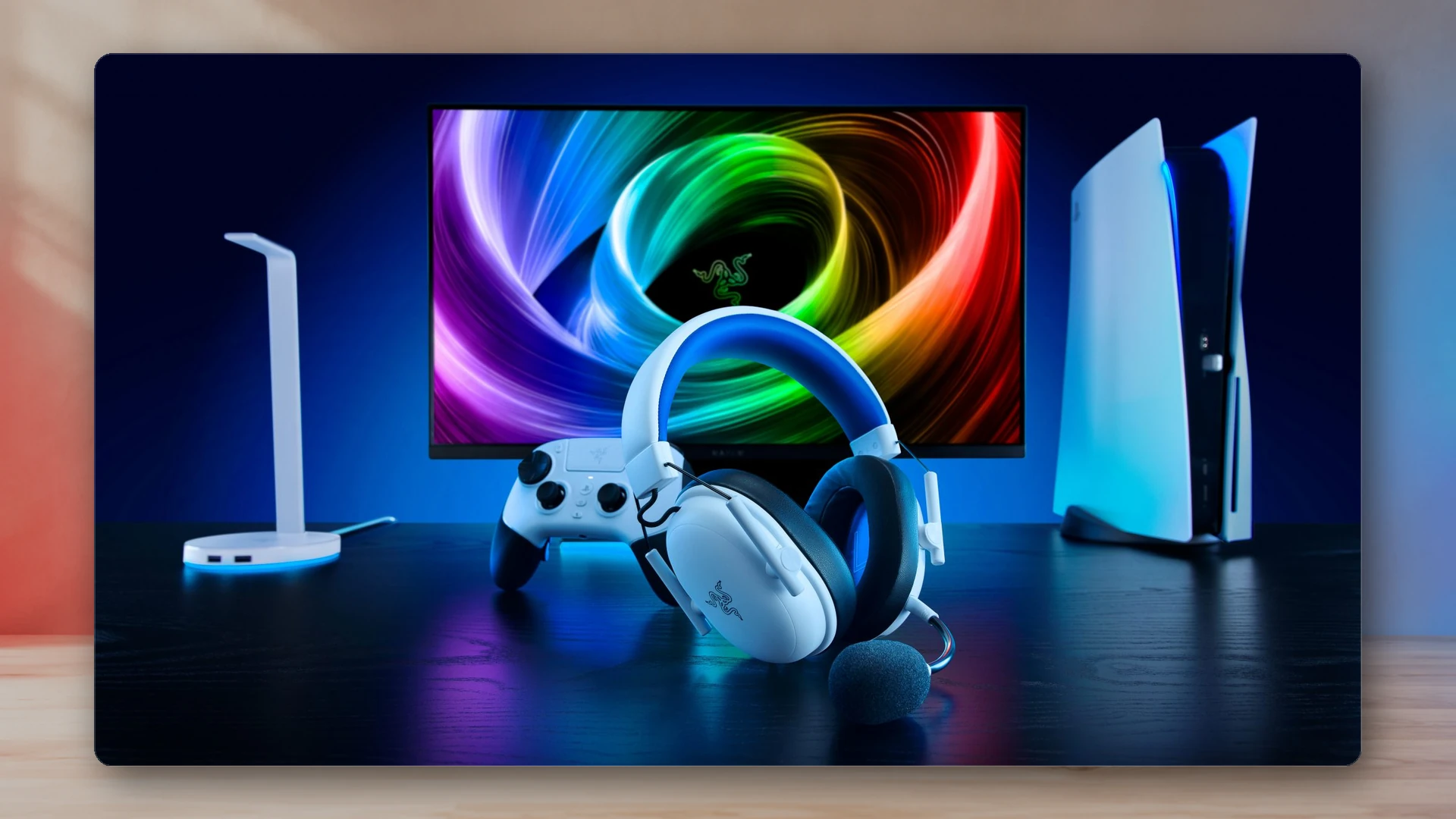 A real affordable wireless gaming headset in a clean desk environment
