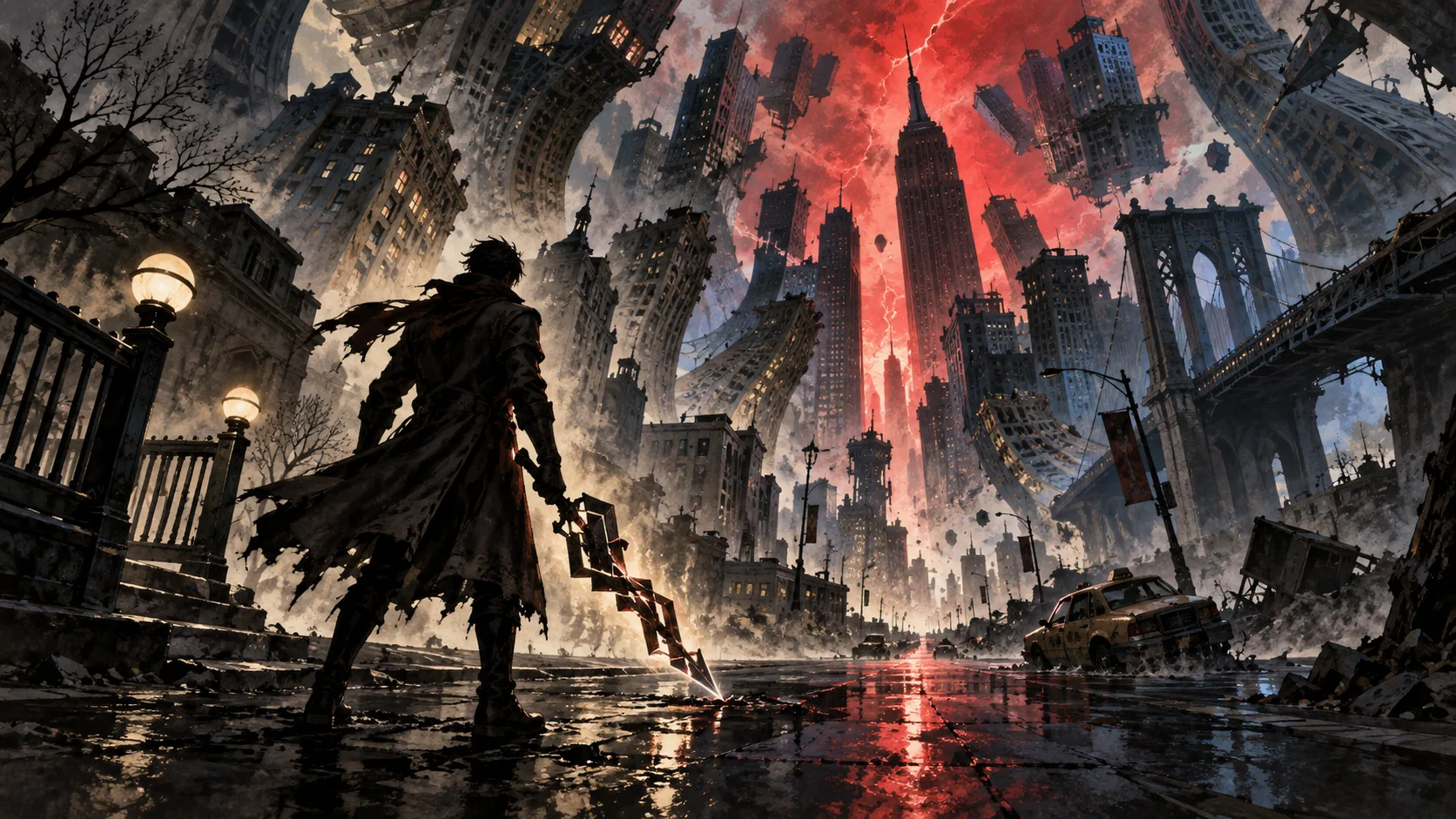Concept illustration of a lone figure facing a distorted Manhattan skyline with floating buildings