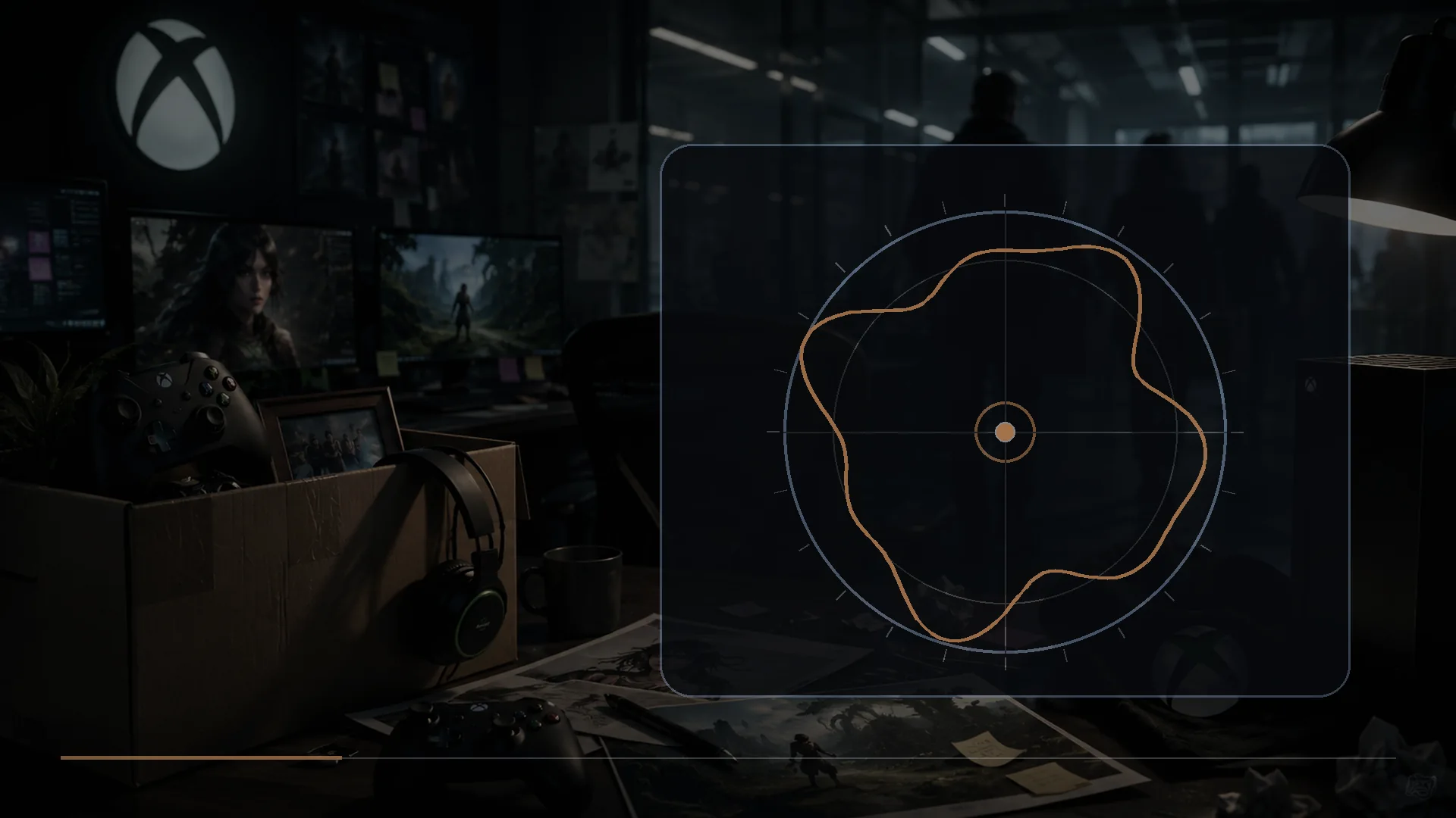 A controller beside an irregular outer-stick trace plotted over a circular diagnostic grid
