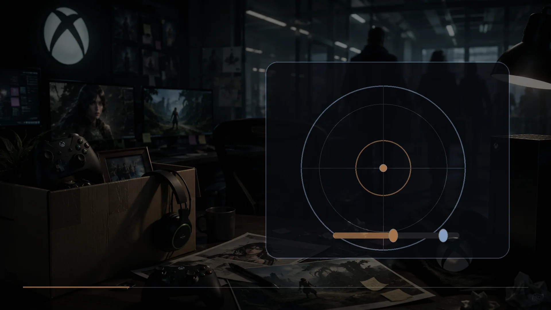 A controller on a gaming desk beside a deadzone diagram with inner and outer response regions