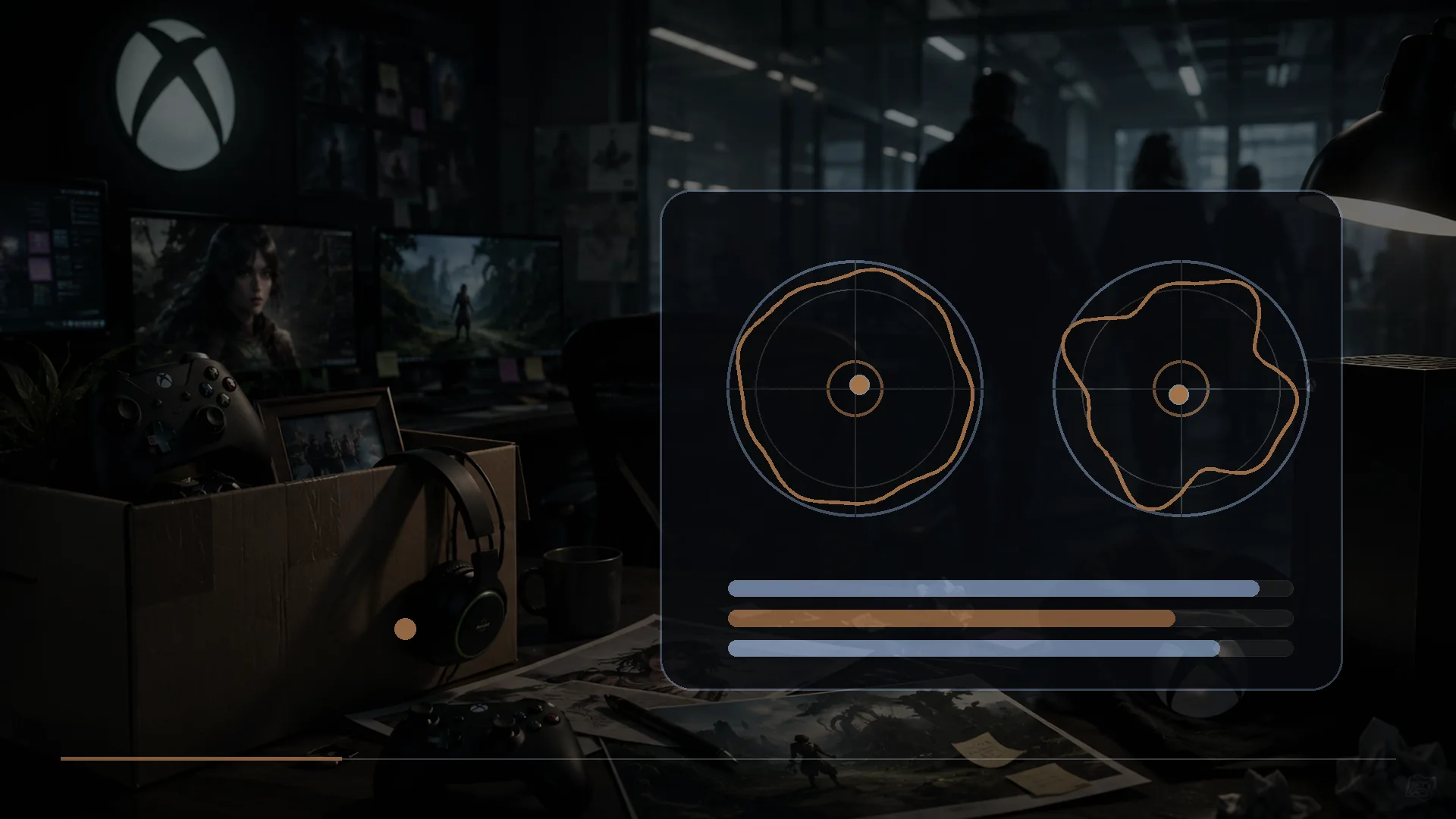 A game controller beside a live analog-stick deadzone visualization on a dark display