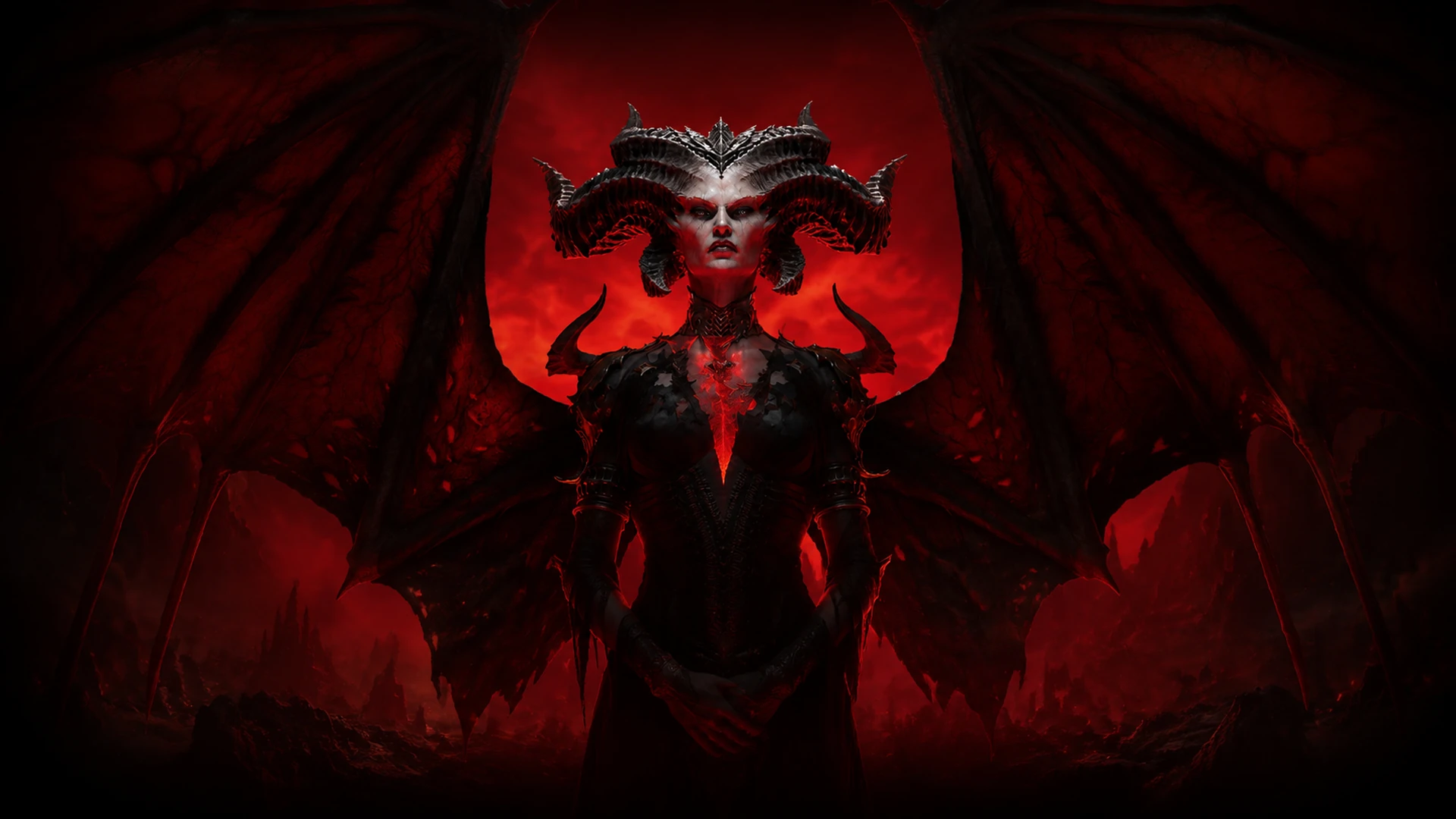 Official Diablo IV artwork centered on Lilith and the game's dark gothic atmosphere