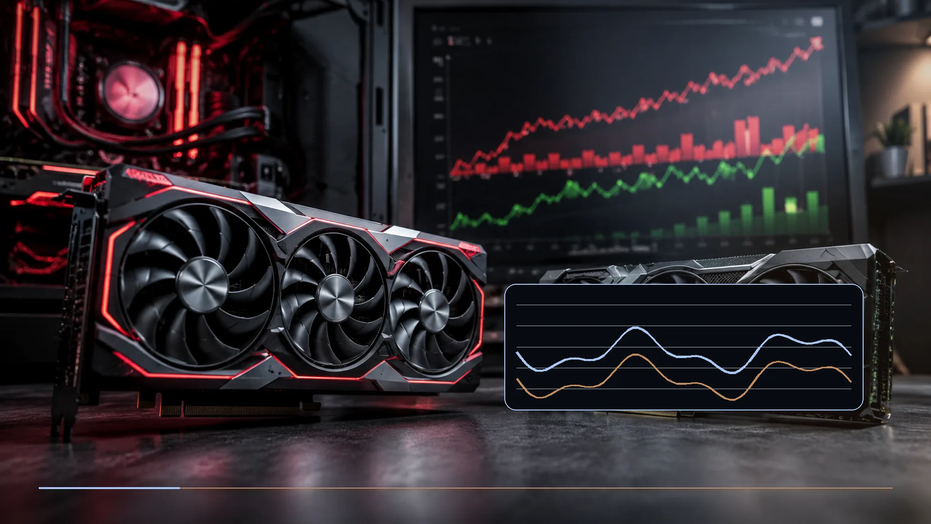 Three graphics cards and a high-refresh gaming display representing DLSS, FSR, XeSS, and generated frames