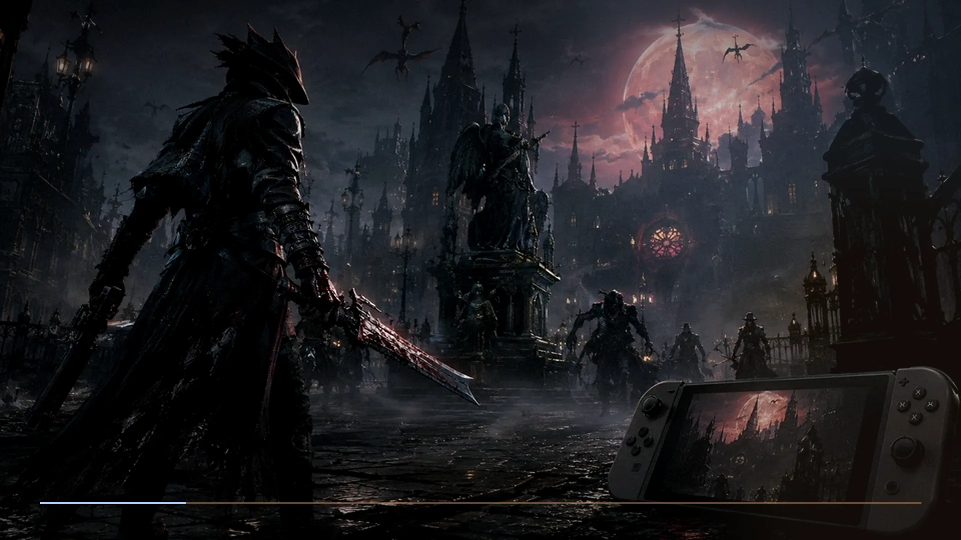 An armored fantasy hero facing a gothic city and distant figures under a stormy red sky