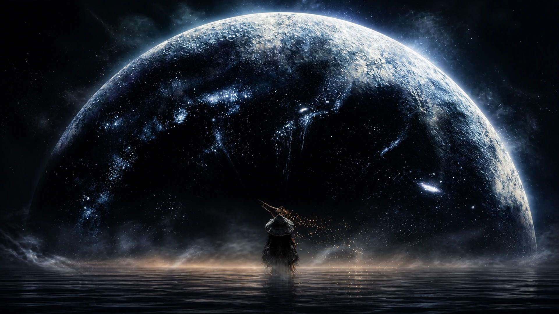The lone Tarnished beneath the enormous moon in official Elden Ring launch artwork
