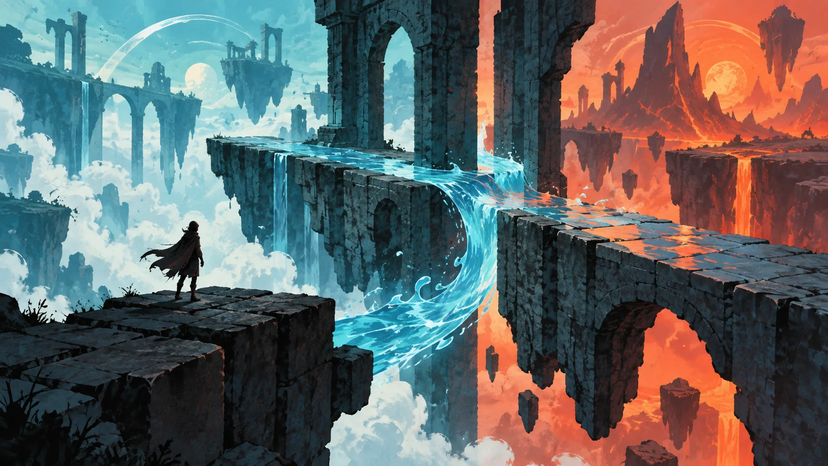 Concept illustration of a figure facing water flowing between two contrasting fantasy landscapes