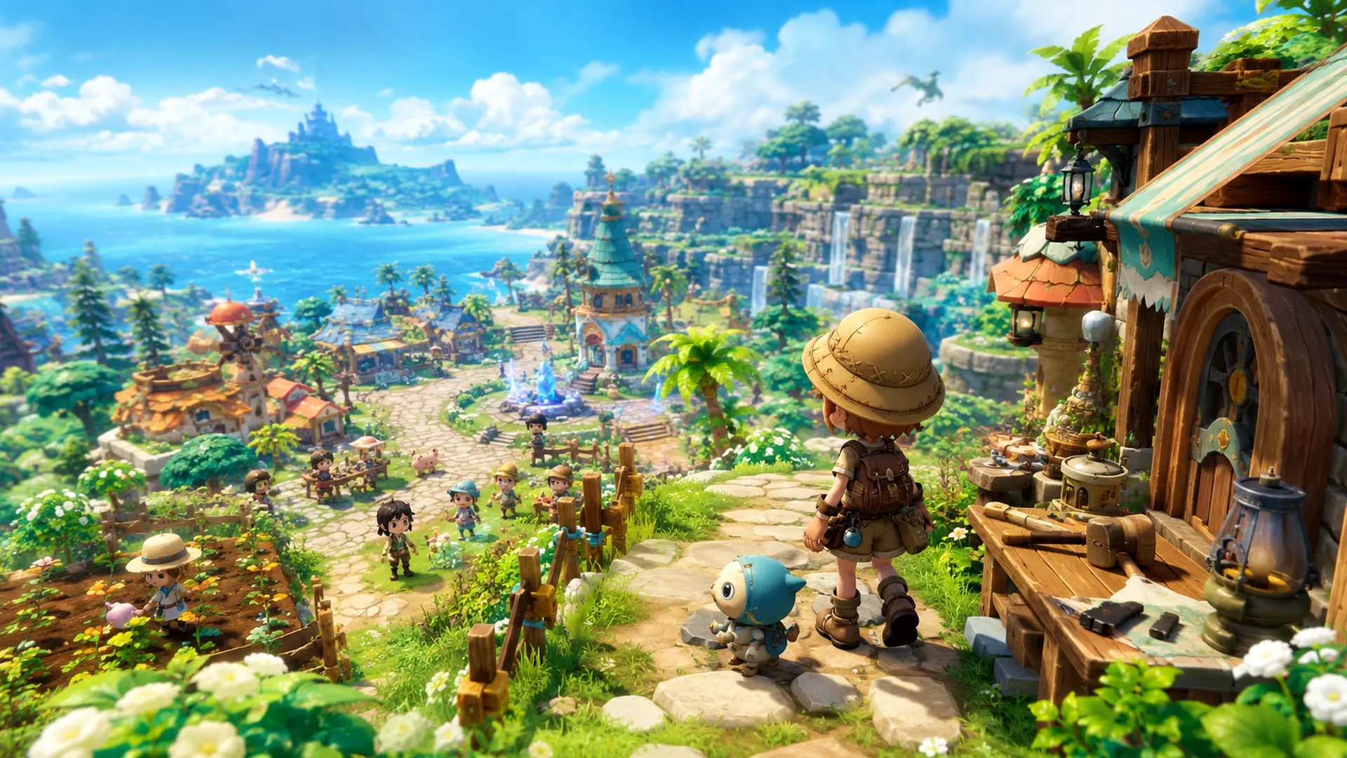 A cozy dark fantasy life sim landscape with a camera lens and mount silhouette for Fantasy Life i update 1.5.0