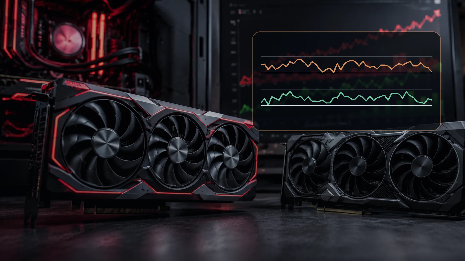 A gaming PC performance workstation showing a photographic graphics-card setup with a subtle frame-time trace
