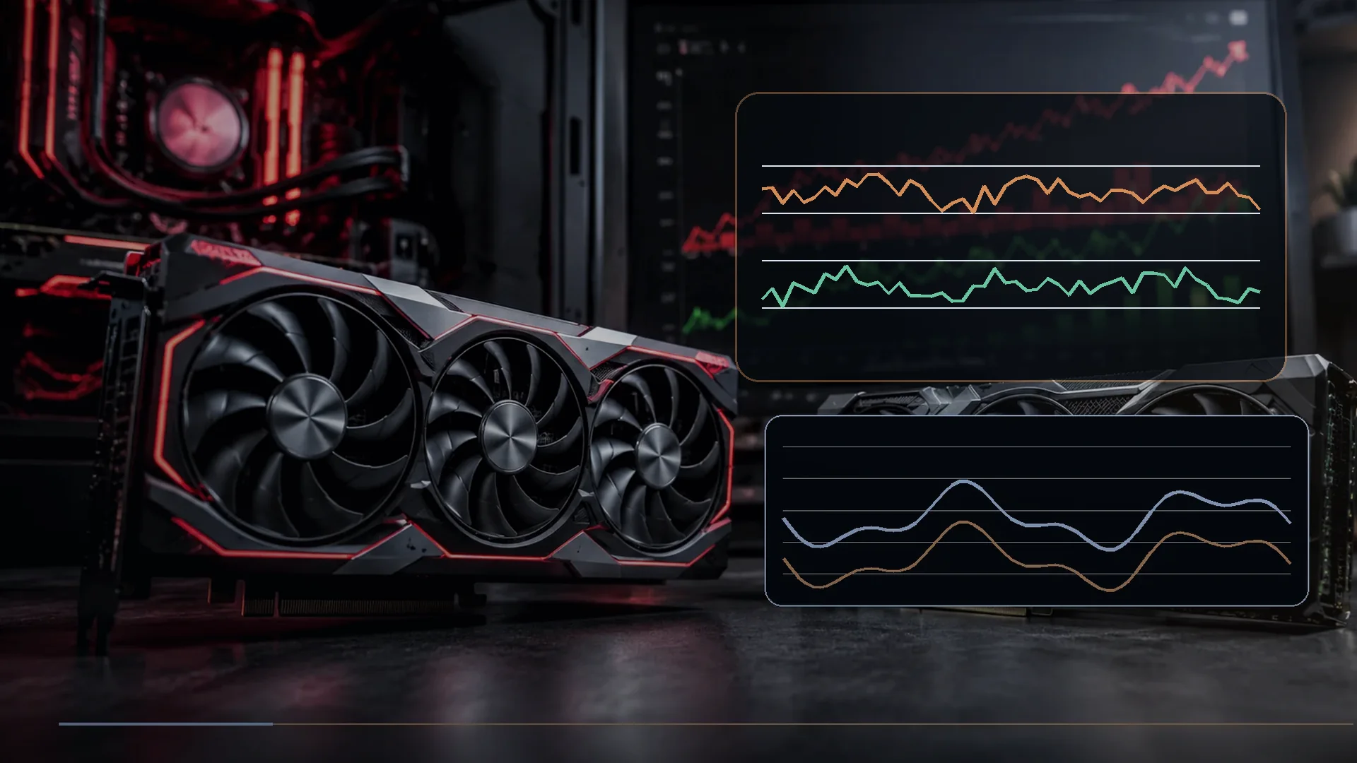 Graphics cards in a test lab beside smooth frame-time and FPS traces