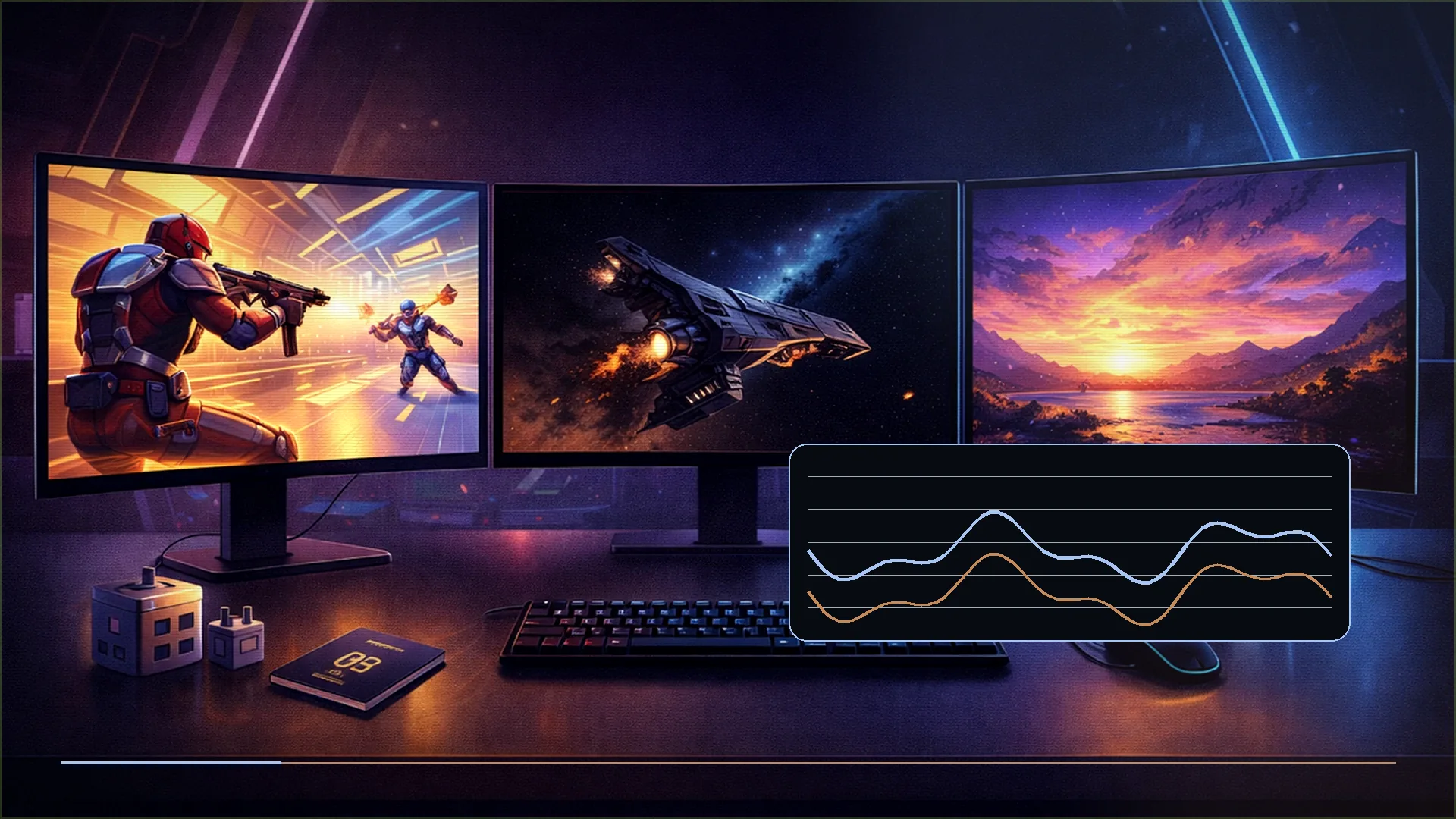 Three gaming monitors showing a fast shooter, a dark space scene, and a bright open world on a realistic desk