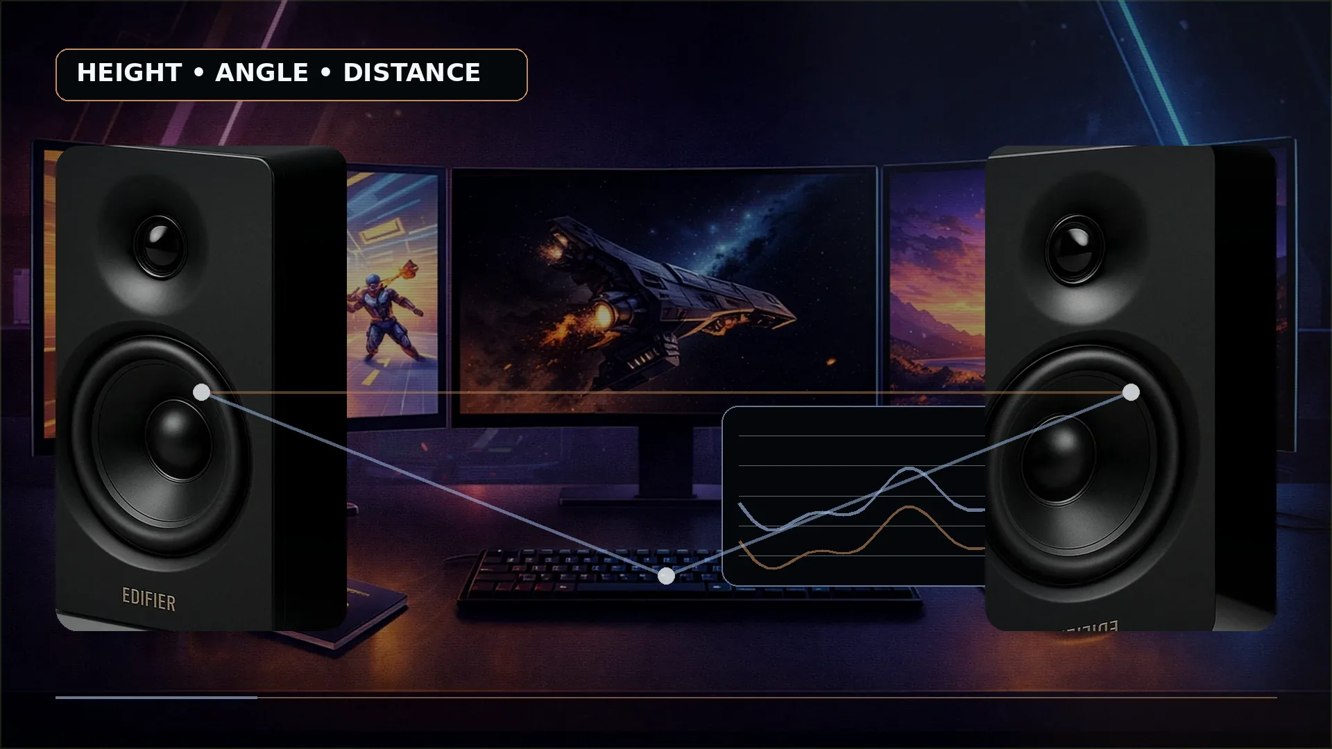 A realistic gaming desk with two speakers placed symmetrically and subtle lines showing equal distance, toe-in, and the listening position