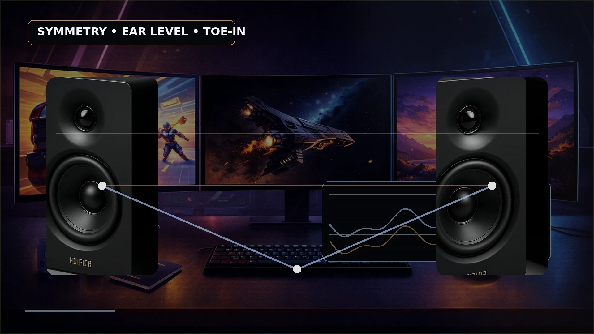 A gaming desk showing an equal-distance listening triangle and speakers aimed toward the chair