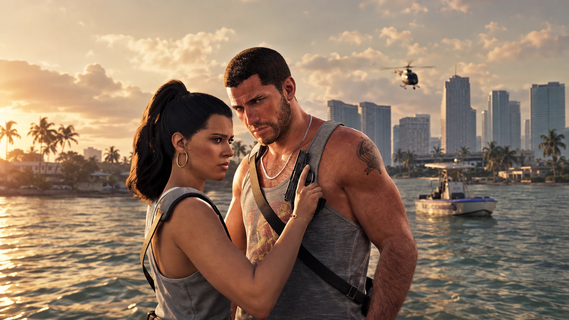 Jason and Lucia in the official Grand Theft Auto VI coastal-city screenshot
