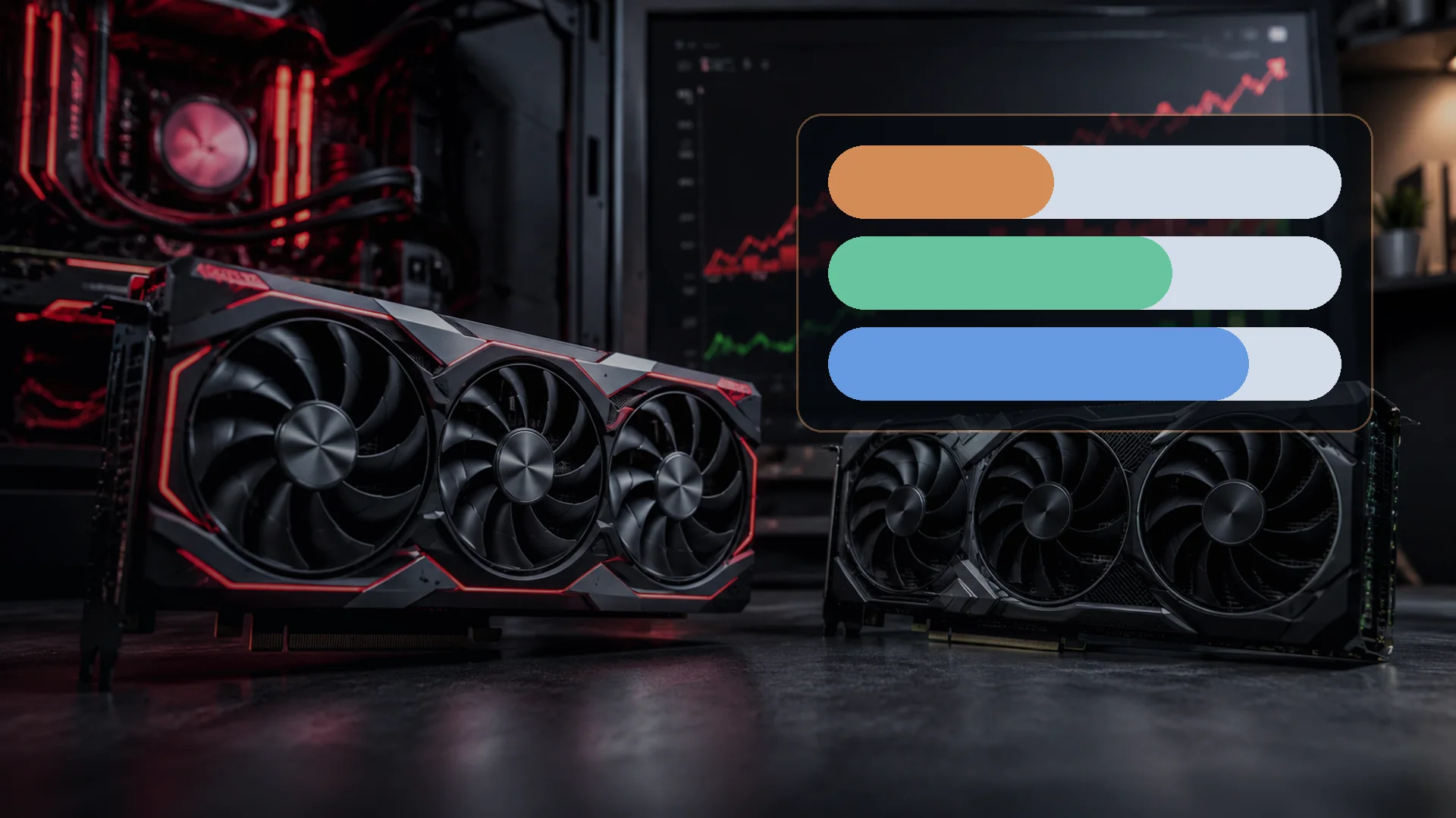Two high-end graphics cards in front of a performance display with memory-budget bars