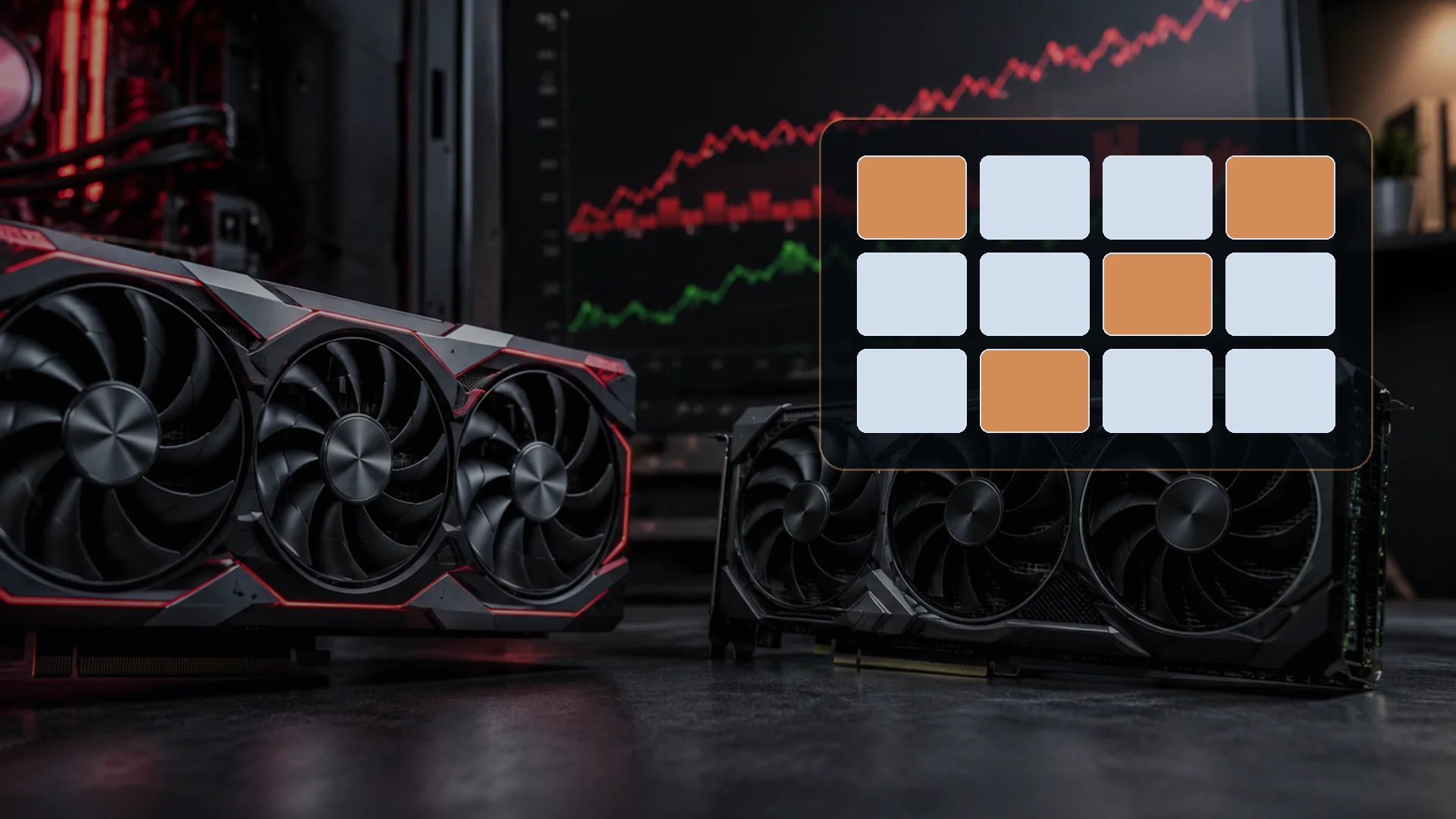 Gaming graphics cards beside a modular power-planning panel representing connectors and power budgets