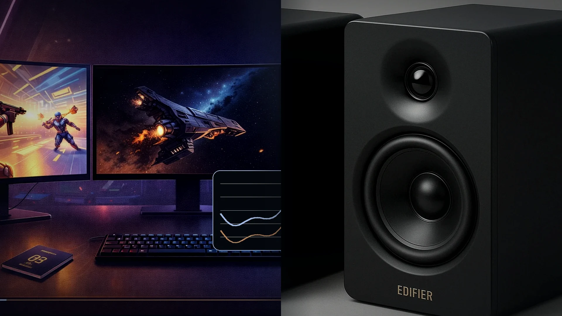 A PlayStation 5 gaming monitor setup connected to powered desktop speakers with visible audio routing