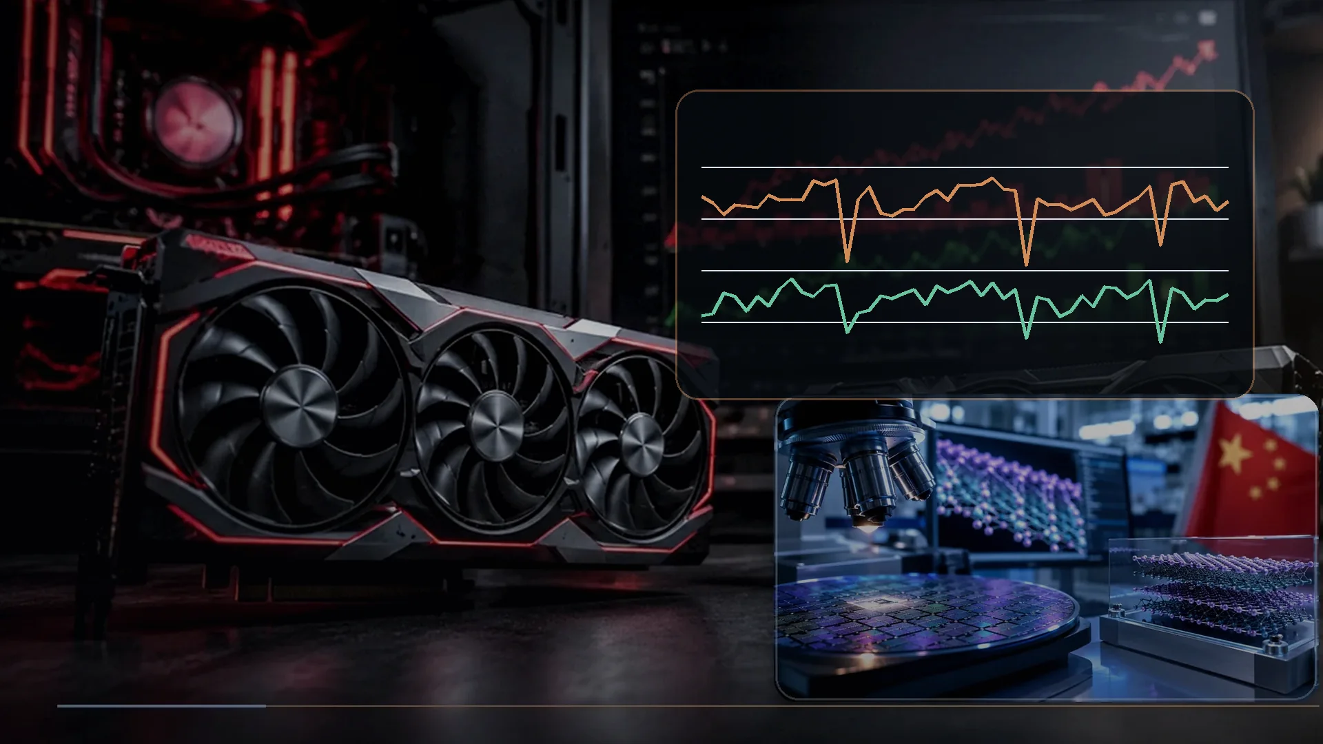 Graphics cards and diagnostic displays showing several sharp frame-time spikes during a PC game test