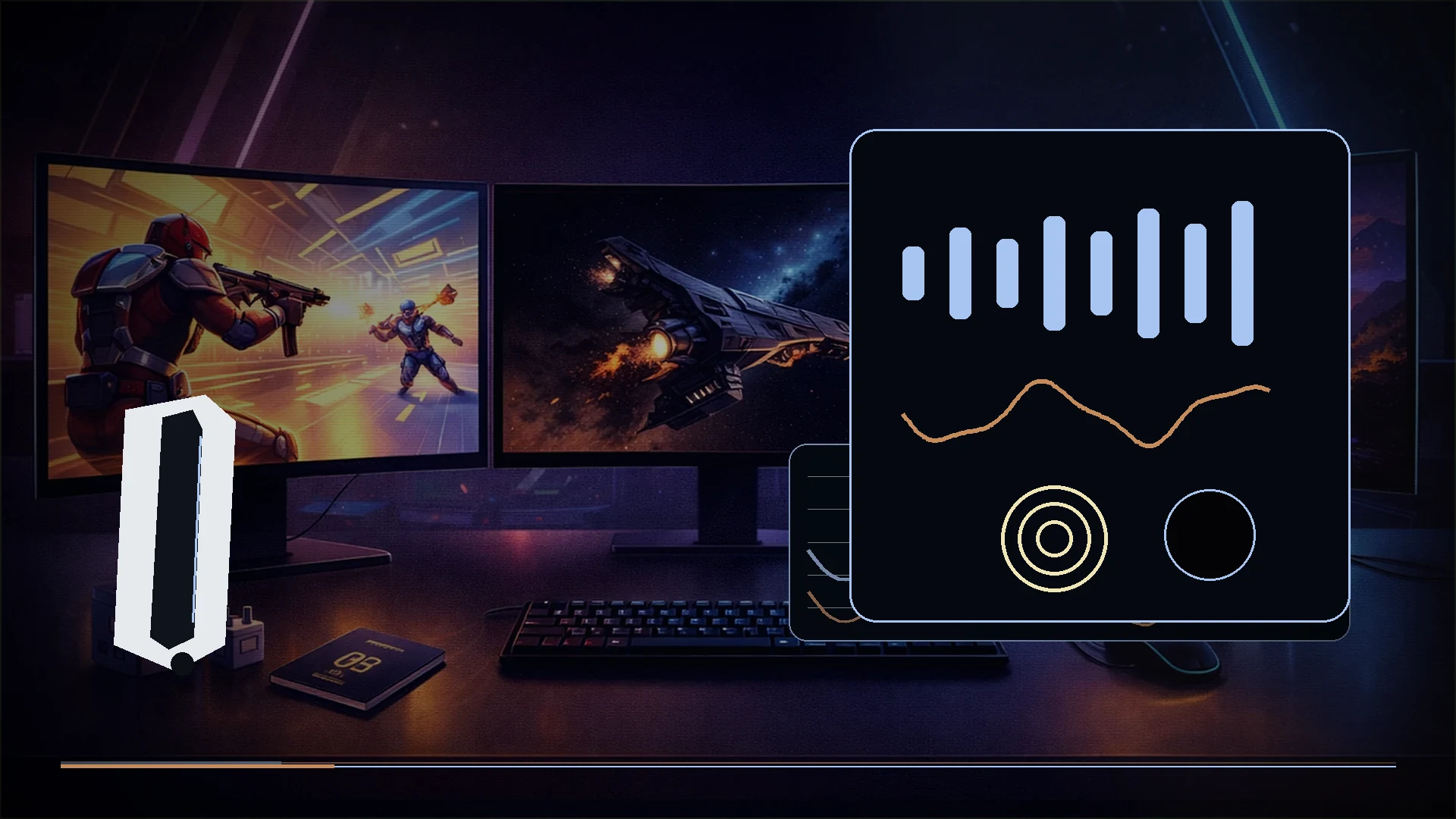 A PlayStation-style console beside gaming monitors and a visual panel representing frame cadence, variable refresh, and HDR range