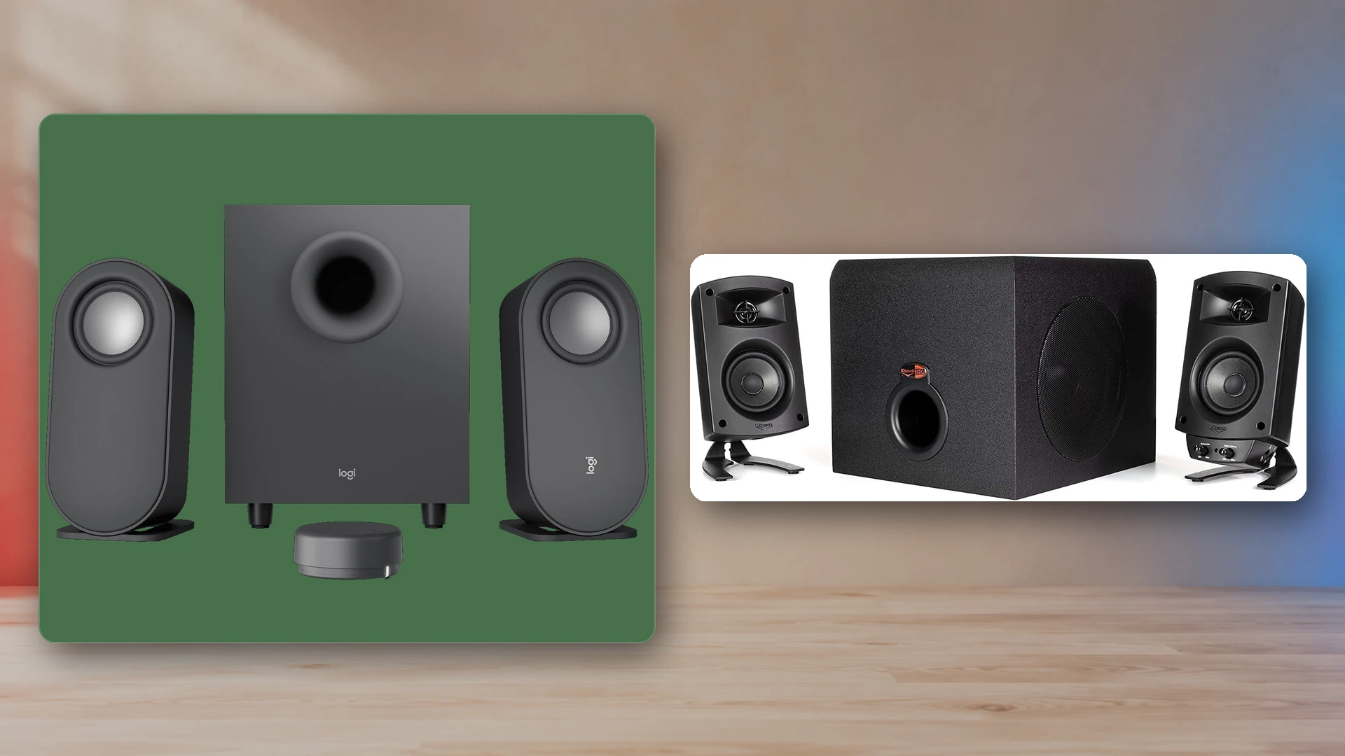 Logitech Z407 and Klipsch ProMedia 2.1 speaker systems shown side by side as real products