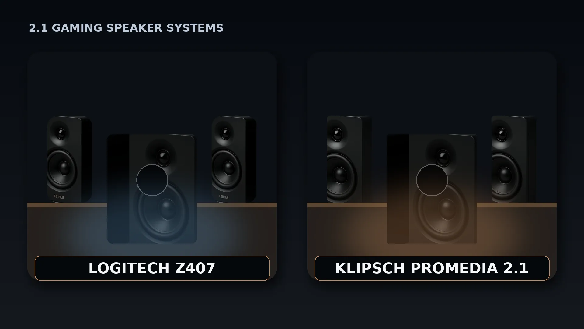 Two photographic 2.1 gaming speaker systems labeled Logitech Z407 and Klipsch ProMedia 2.1