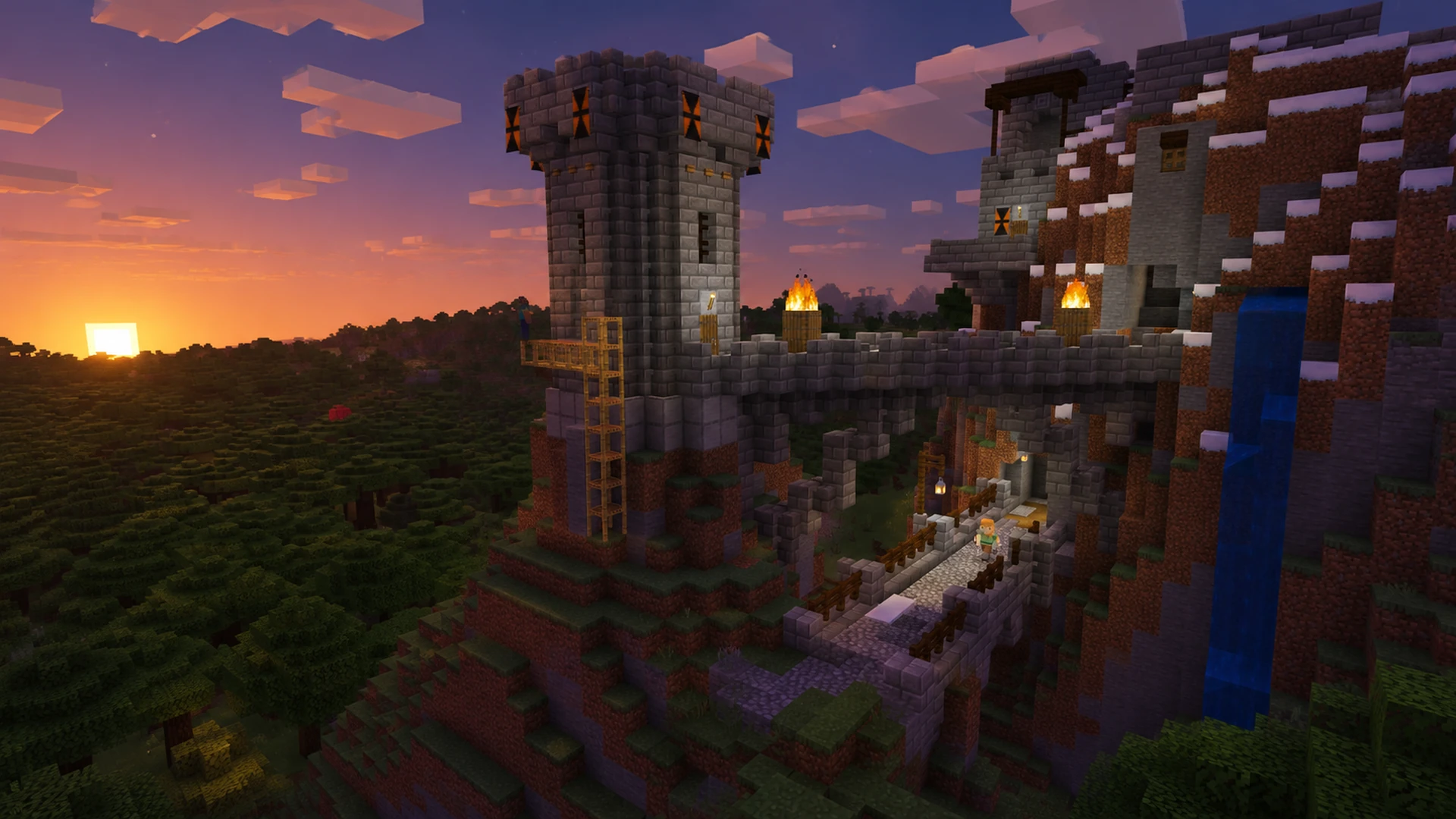 Official Minecraft landscape artwork with recognizable block-built characters and world