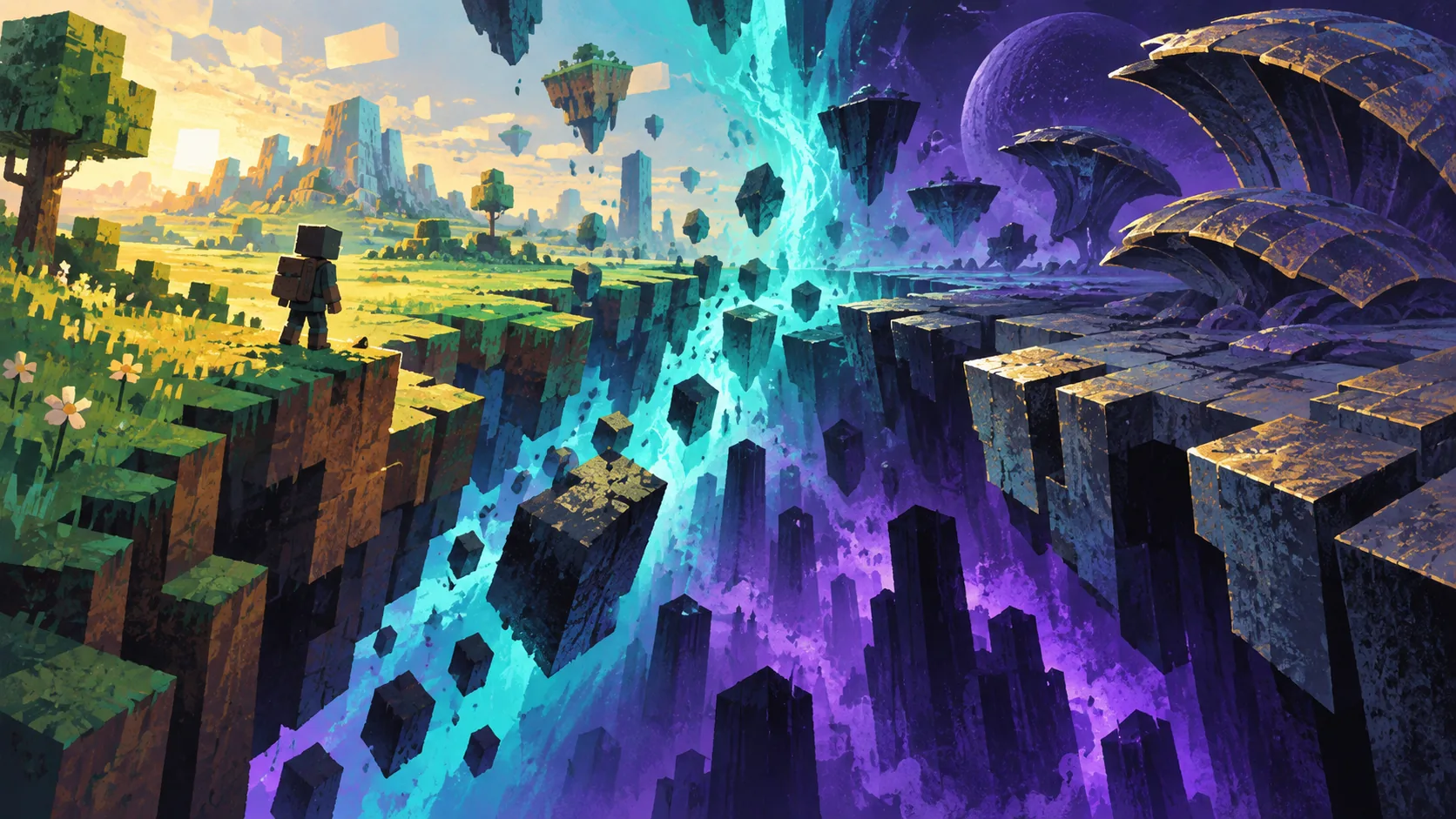 Concept illustration of a block-shaped landscape opening into an abstract blue and purple dimension