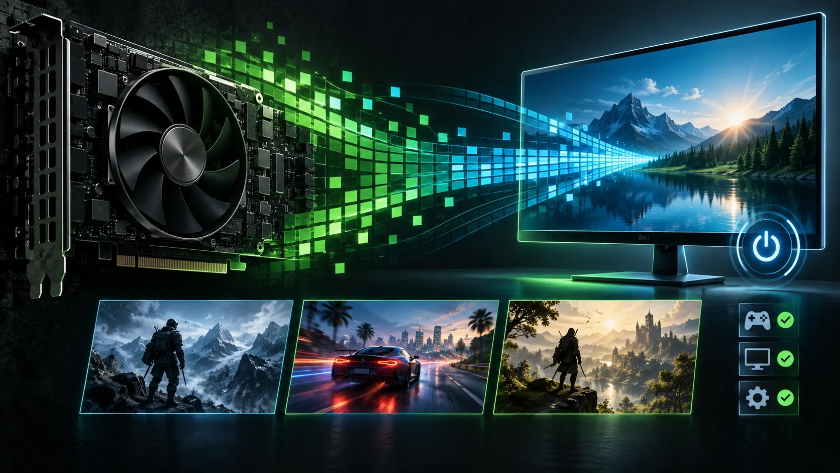 Concept illustration of a graphics card sending colored pixels to a gaming monitor