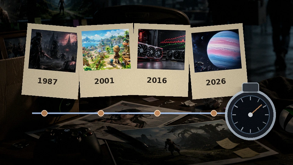 Historical image cards arranged along a timeline beside a stopwatch