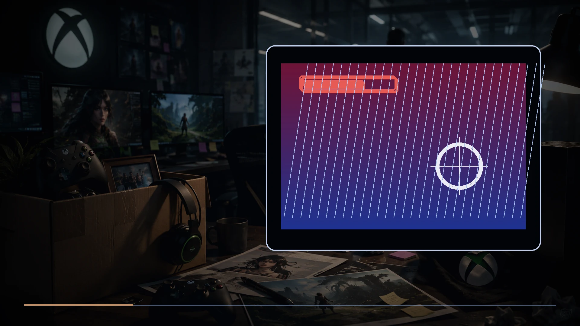 An OLED gaming display showing a vivid game scene with faint retained HUD elements and a pixel-care sweep