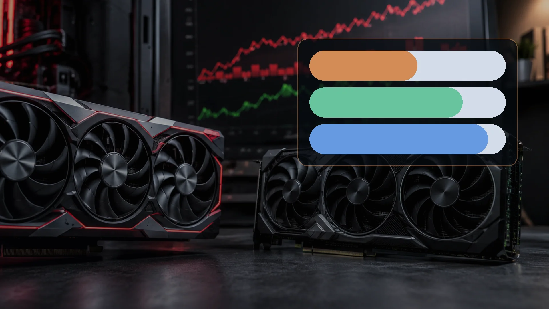 A gaming PC power-supply planning workspace with graphics cards, power cables, and a subtle load-envelope overlay