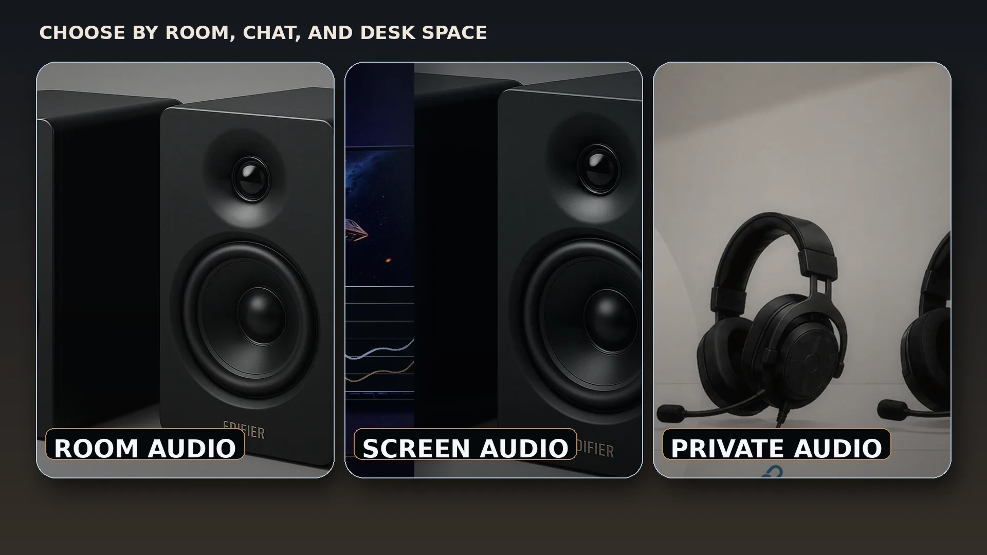 Room speakers, screen-level audio, and private headset audio compared in a realistic gaming setup