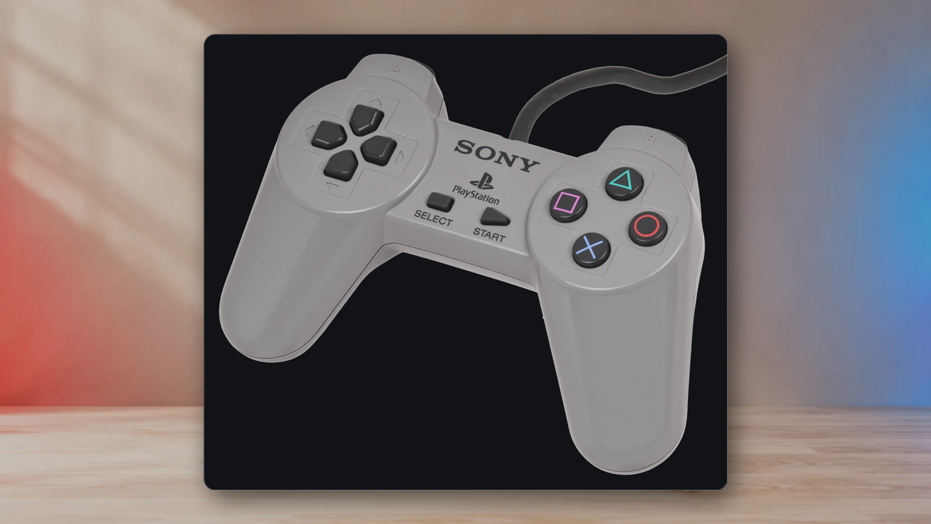 An original Sony PlayStation controller photographed as preserved gaming hardware
