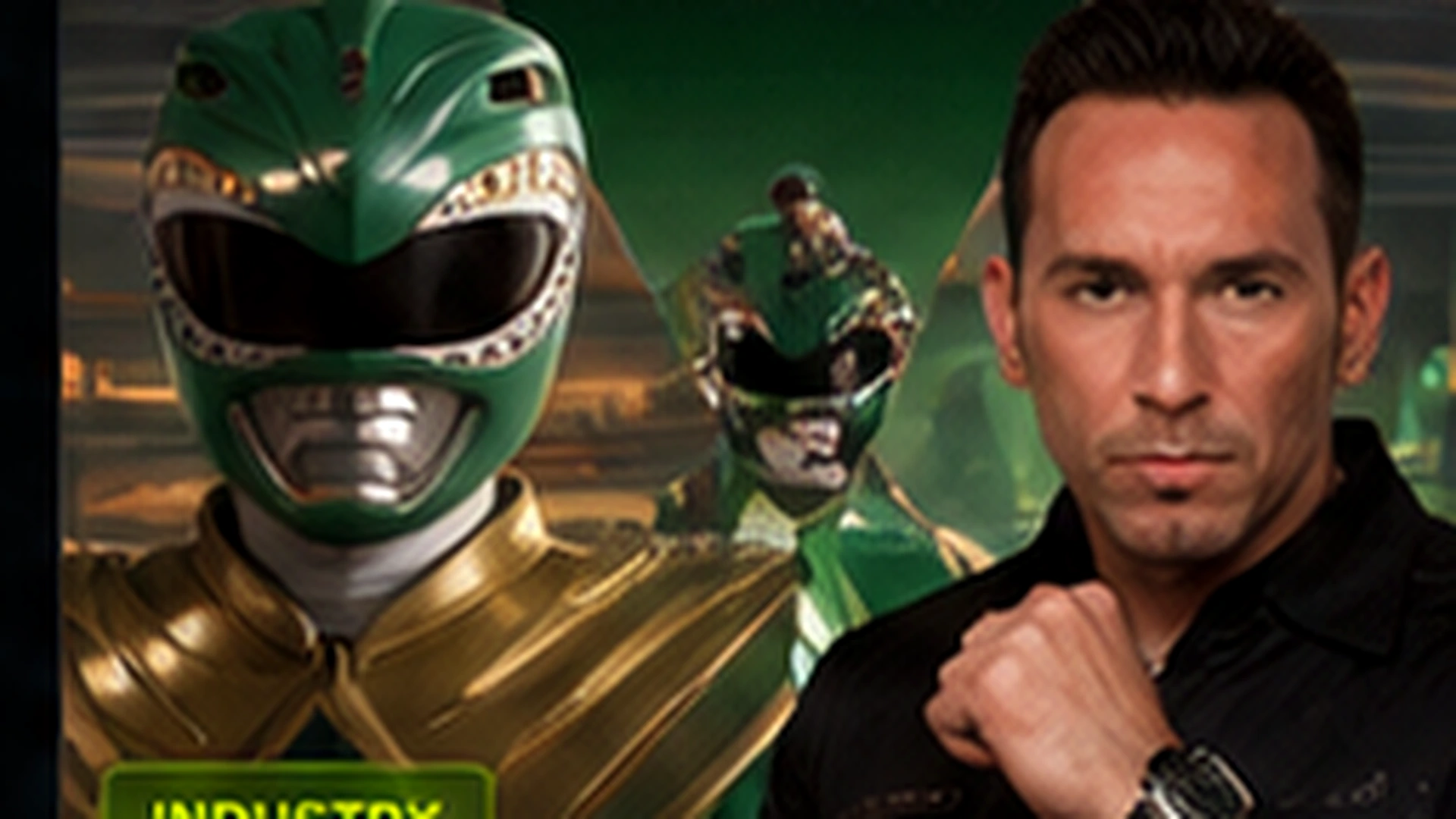 Green and white ranger-inspired lights against a dark memorial background, representing Jason David Frank’s Power Rangers legacy