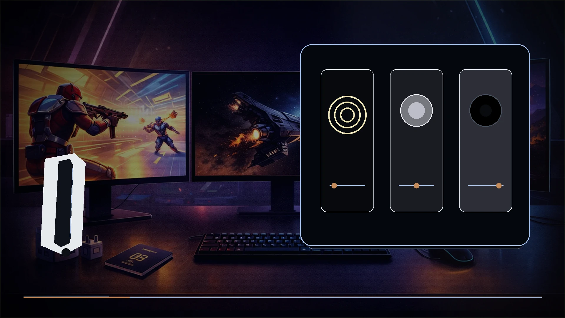 A PlayStation-style console beside a gaming display showing bright, midtone, and near-black calibration targets