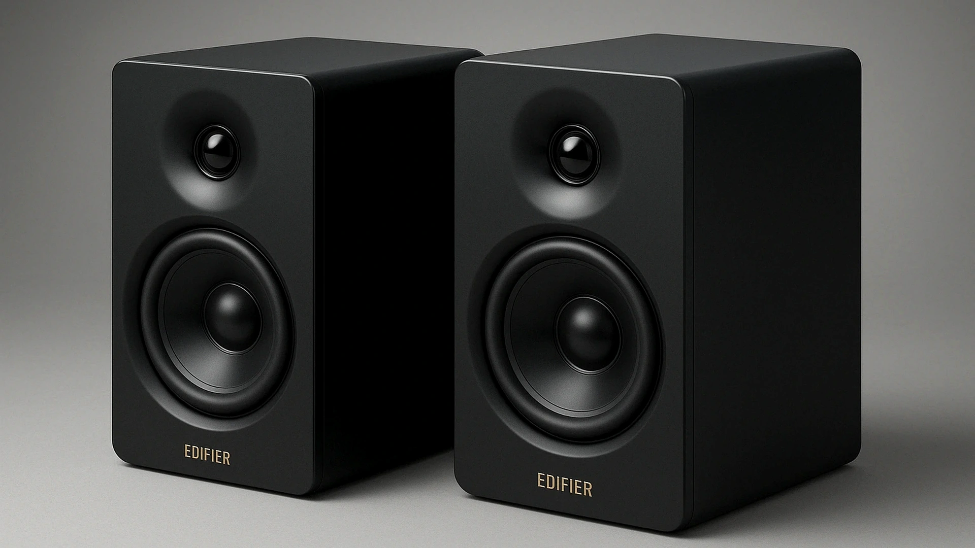 Cinematic NexusArc-style budget speaker setup with bookshelf speakers, a portable speaker, and dark graphite green lighting