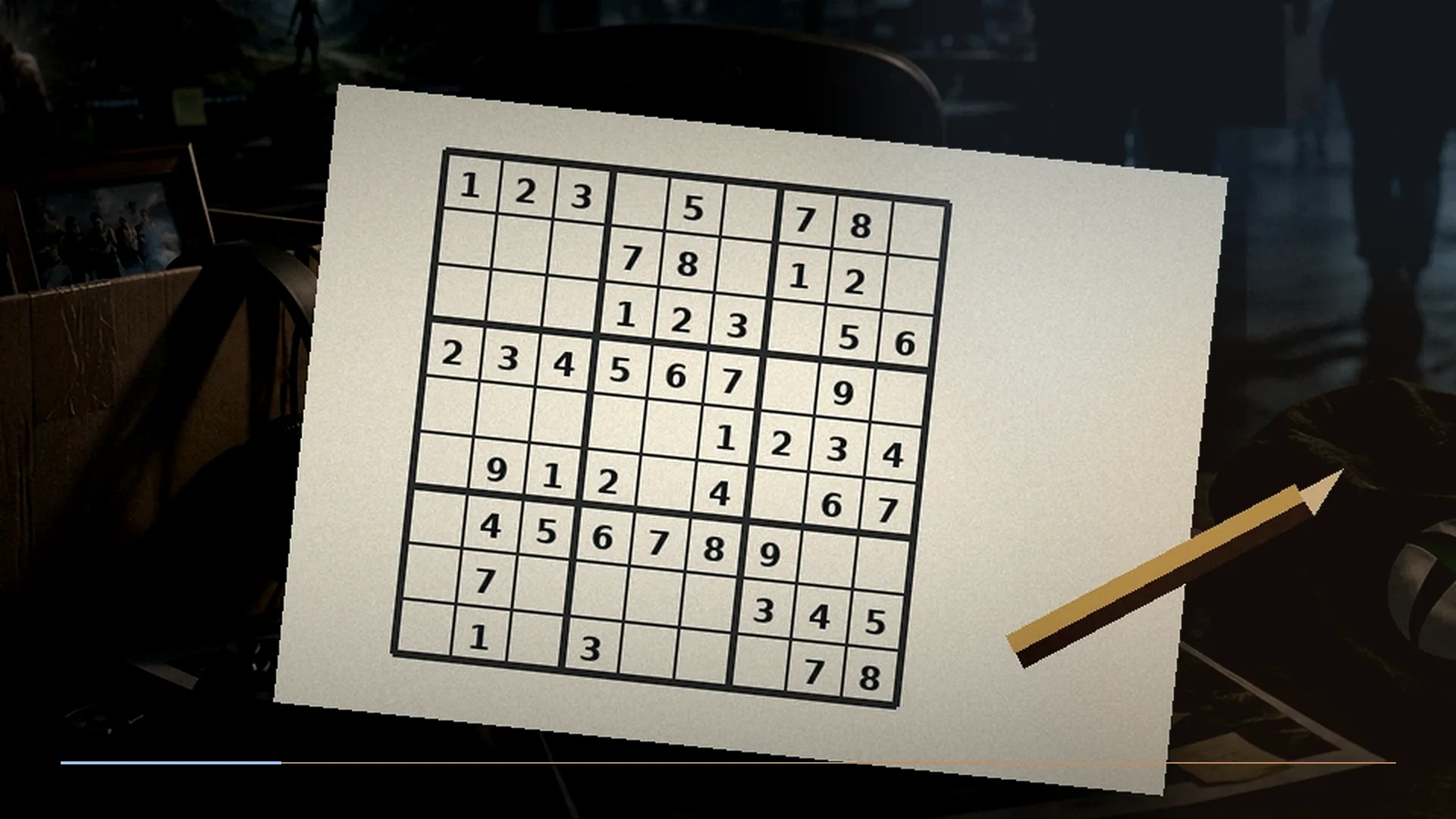 A paper Sudoku puzzle beside a pencil and a dark digital number grid