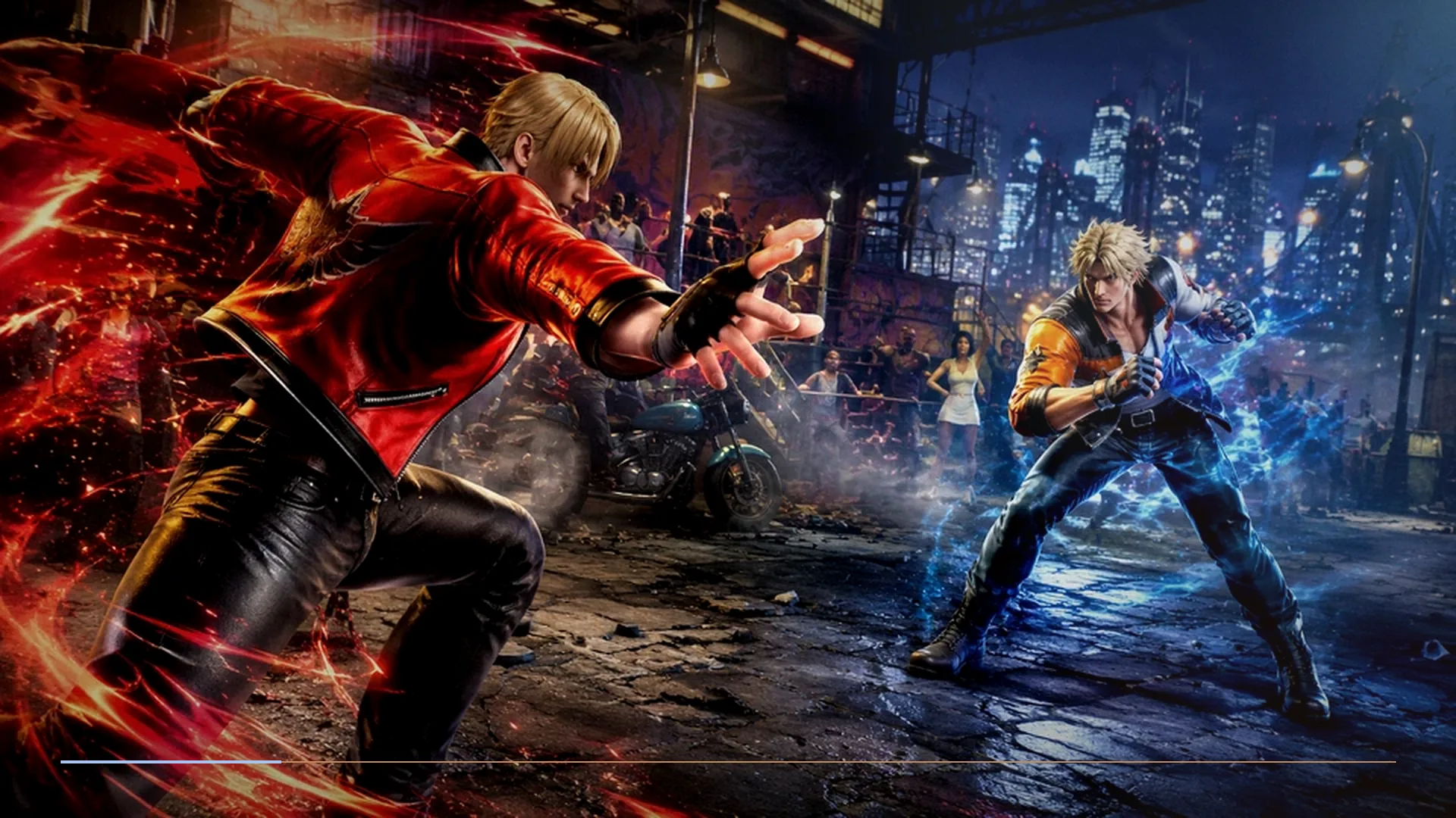 Two martial artists exchanging attacks in a neon-lit urban arena inspired by Tekken 8