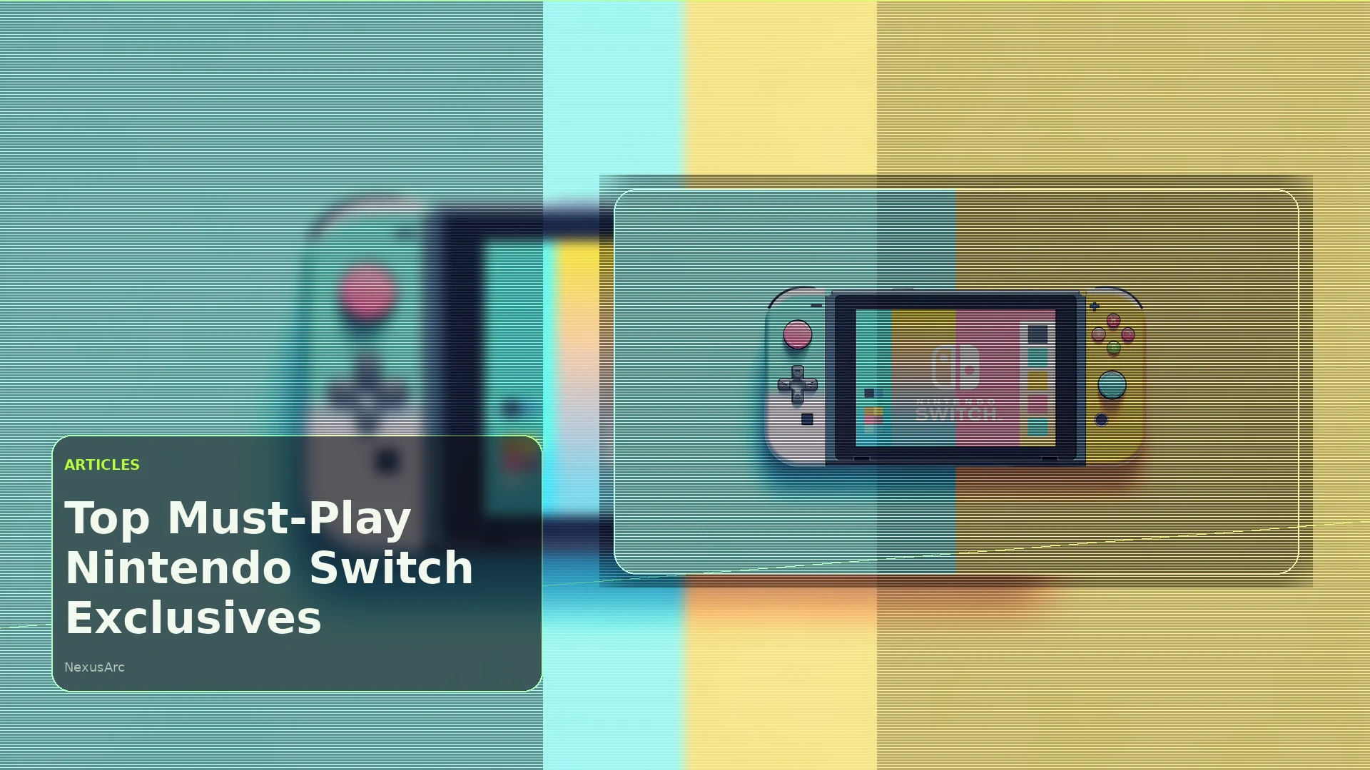 Cinematic Nintendo Switch console and exclusive game library scene with dark graphite lighting and restrained acid-green NexusArc accents