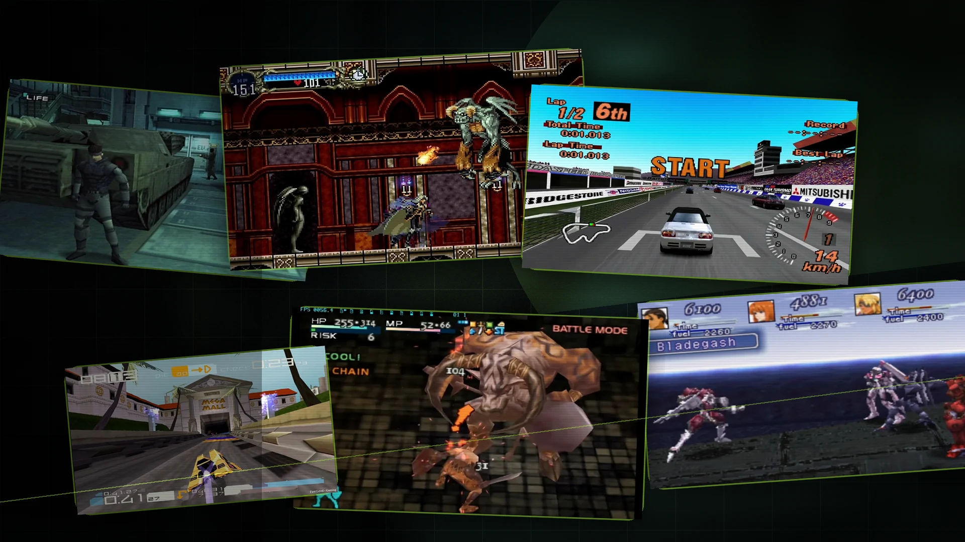 Cinematic PlayStation One-era game montage with dark graphite lighting, layered retro screenshots, and restrained acid-green NexusArc accents