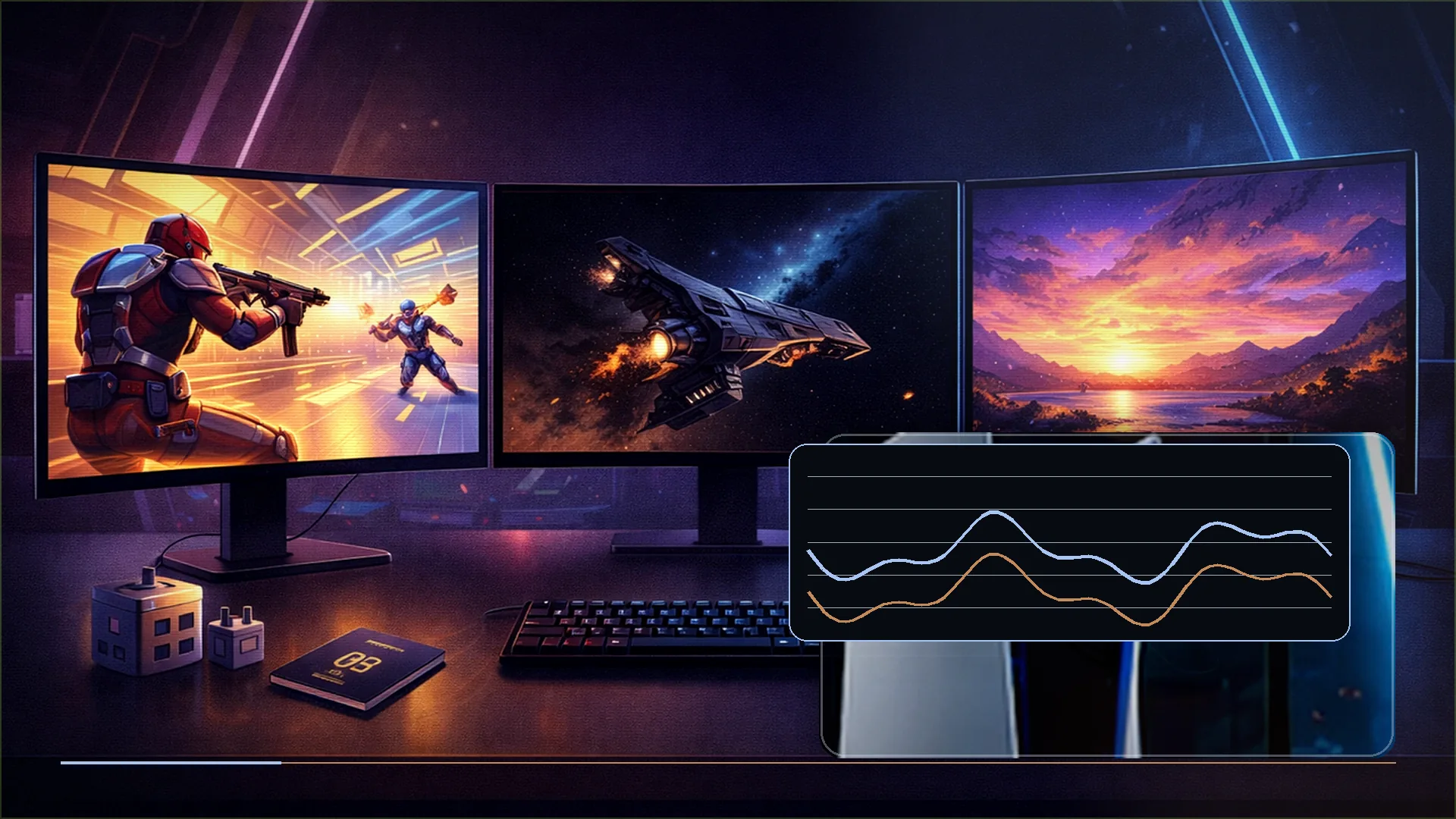 A gaming monitor showing a high-speed scene beside HDMI cables and display settings for VRR, 120 Hz, and low-latency mode
