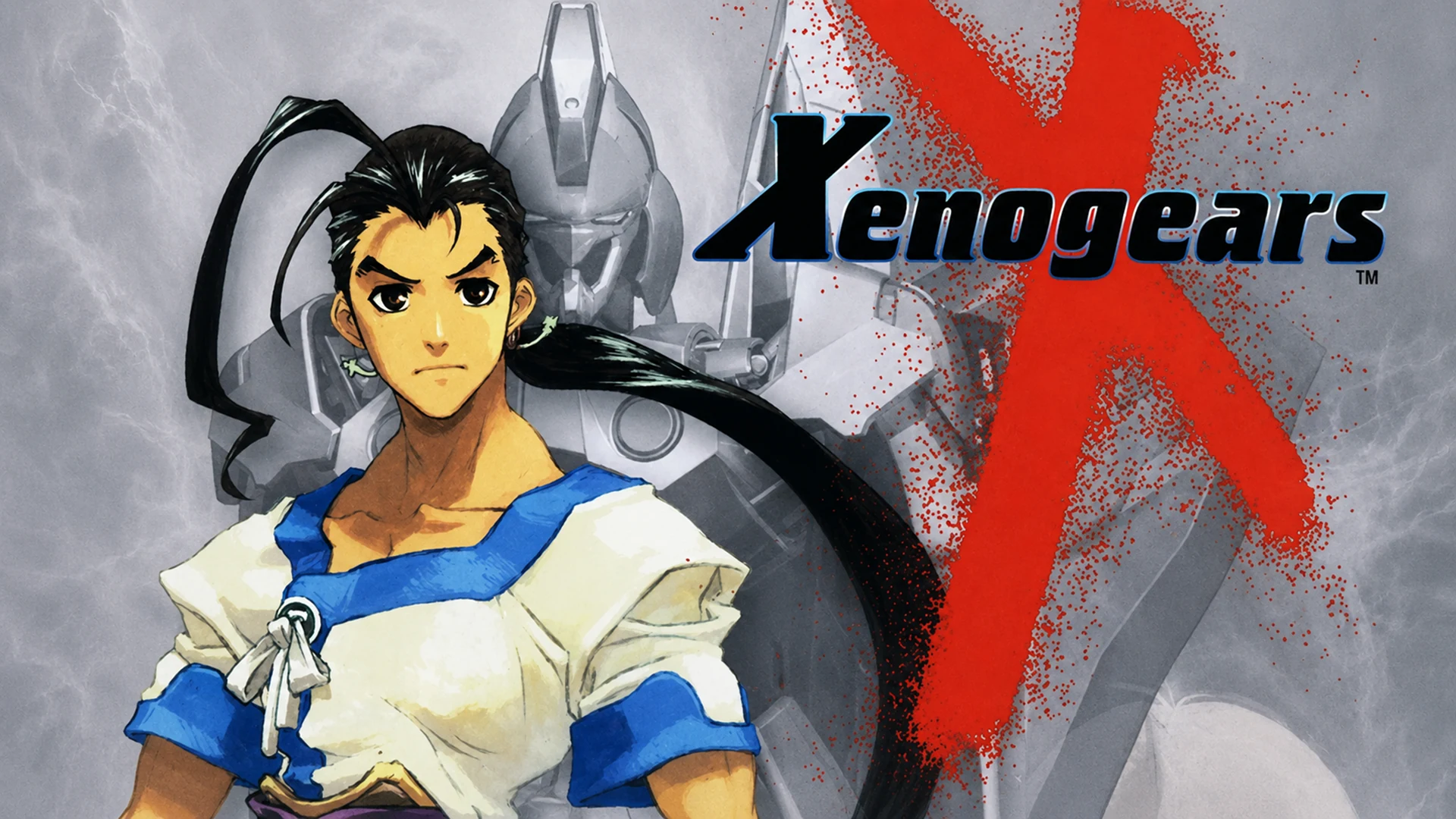 Original Xenogears overview source artwork showing mecha silhouettes, desert ruins, floating cities, and cosmic symbolism